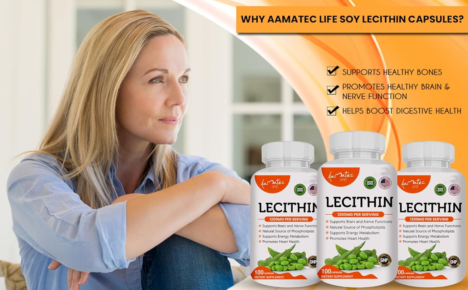Soy Lecithin 1200mg Capsules Supplement for Heart, Liver & Brain Health – Supports Immune System, Brain Function & Metabolism - Non-GMO & Made in The USA- 100 Capsules / 1200mg - Image 4
