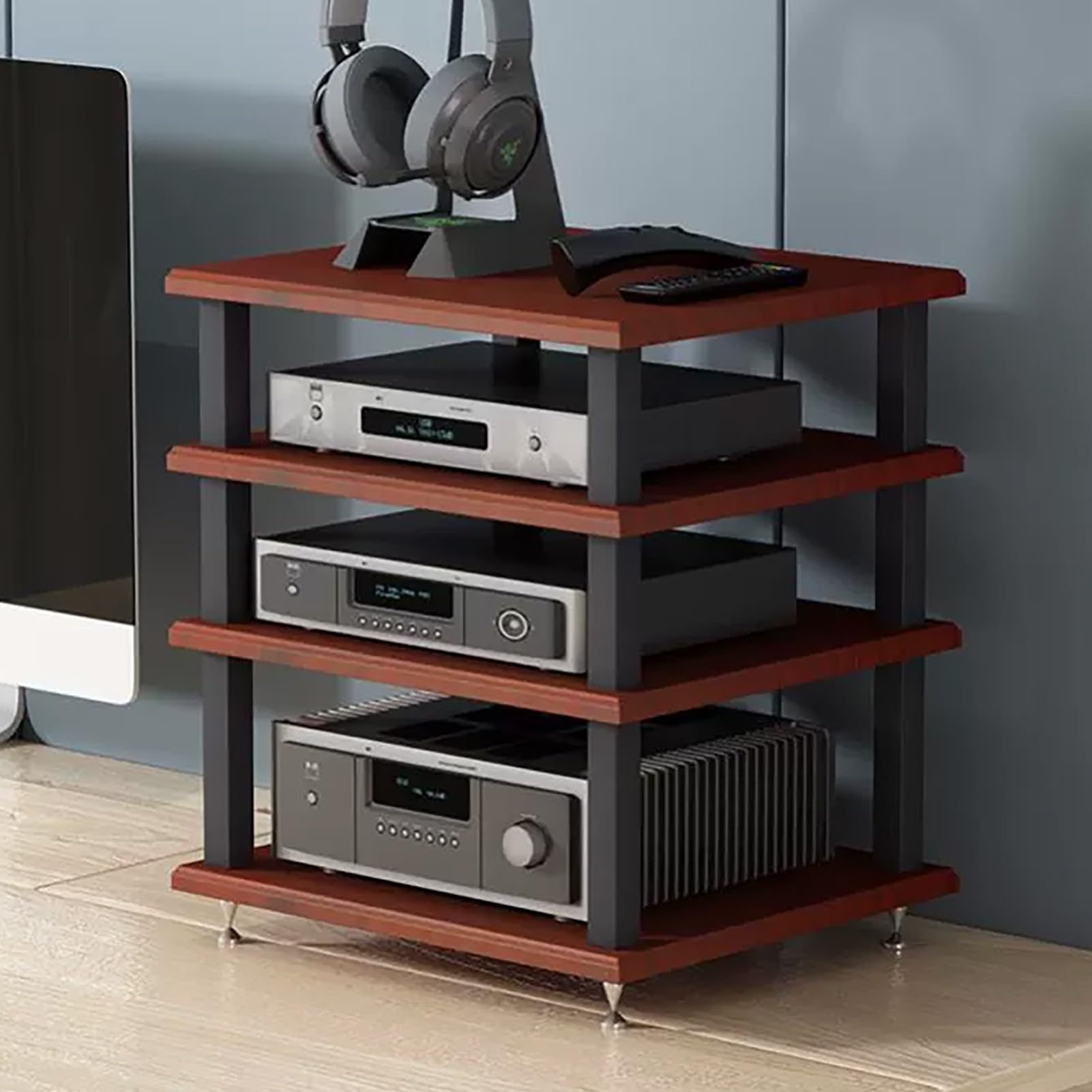 Meuble hi fi ouvert en acier marron à 4 niveaux pour rangement audio et vidéo