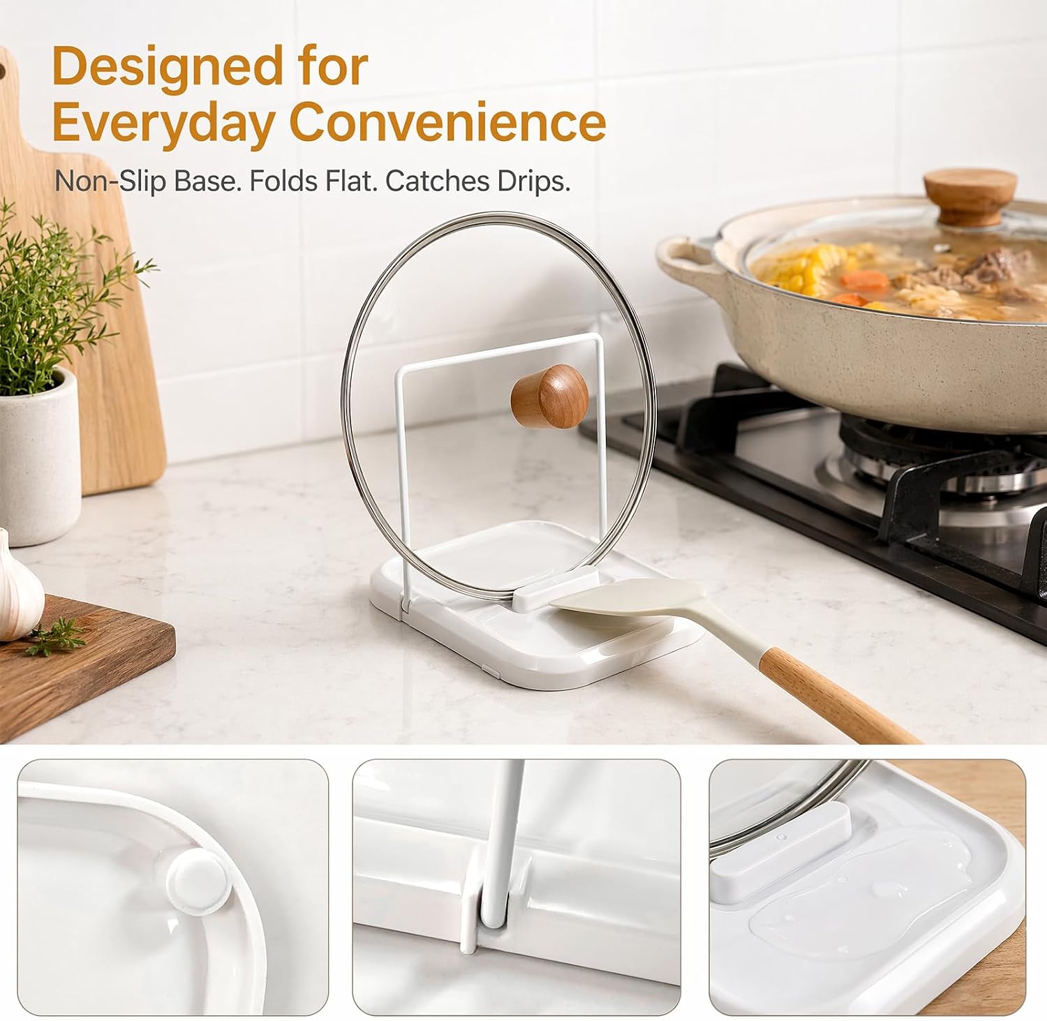 2-in-1 Foldable Pot Lid Holder with Spoon Rest for Countertop, White