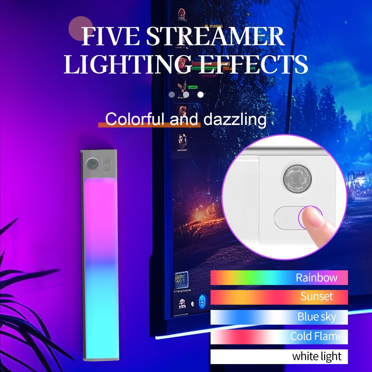 Rechargeable LED Night Light (1-Pack), 11.8" Motion Sensor Under Cabinet Light with 7-Color Ambient & Cool White, Magnetic Auto On/Off Wireless Wall Sconce for Closet, Staircase, Kitchen
