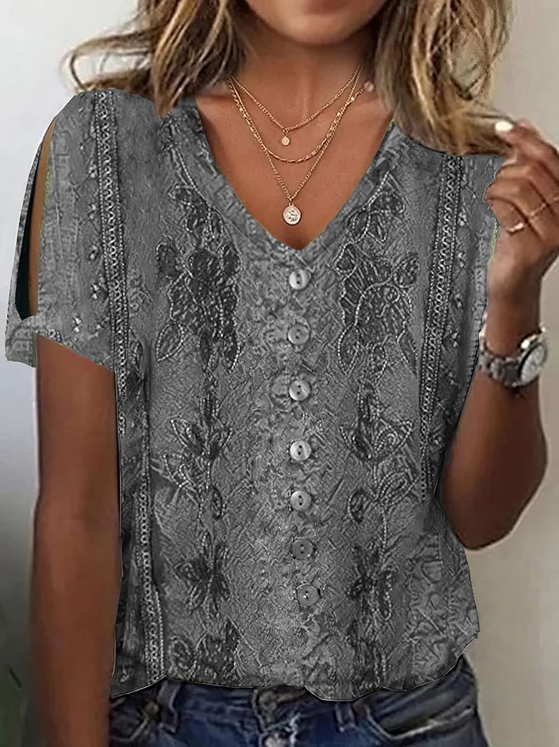 Women's Summer Boho Floral Short Sleeve Shirt Top Trendy Casual Loose Cute Country Cold Shoulder Blouse Tunic - Image 2