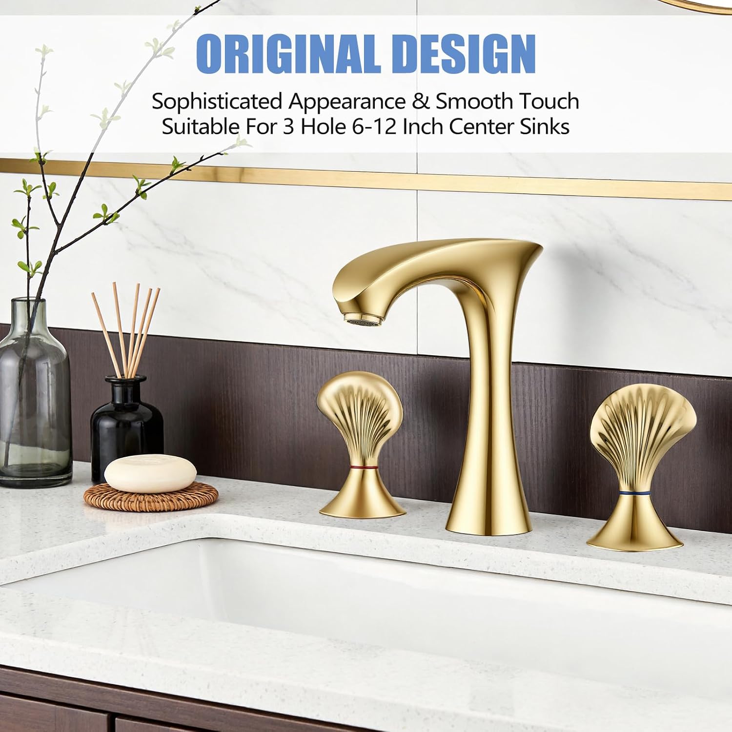 Gold Bathroom Faucet 3 Hole, 8 Inch Widespread Bathroom Sink Faucet for Vanity, 2 Handle Bathroom Faucets, Bathroom Vanity Faucet with Pop-Up Drain and Supply Hoses
