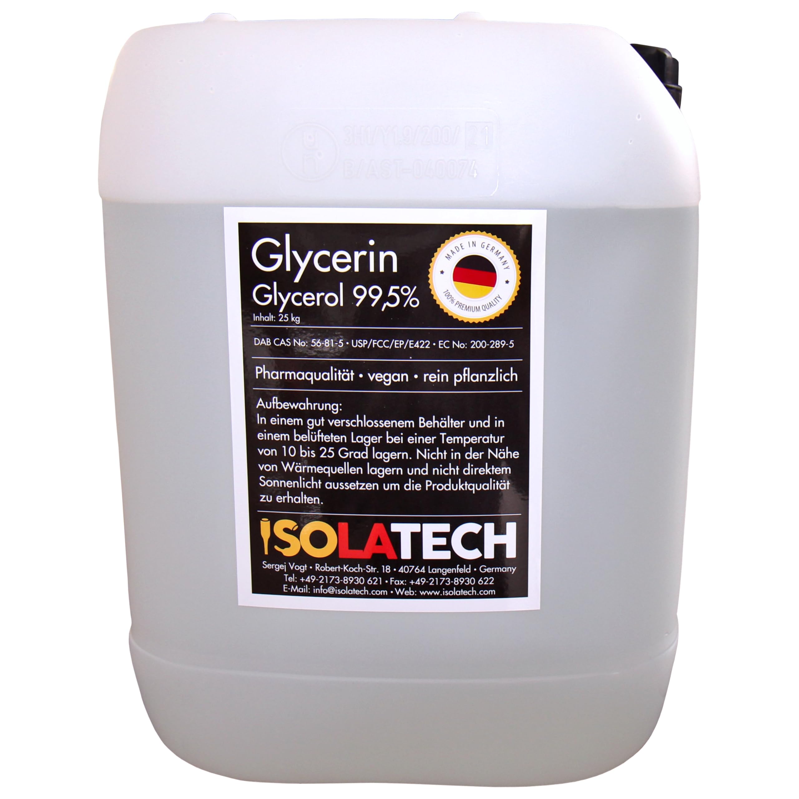 ISOLATECH Glycerin 20L Kanister 99,5% Pharmaqualität (Inhalt 25kg) | Glycerol, Rein Pflanzlich, Gemessen 99,98%, Transparent, Flüssig, Für Lebensmittel und Kosmetik, Made in Germany