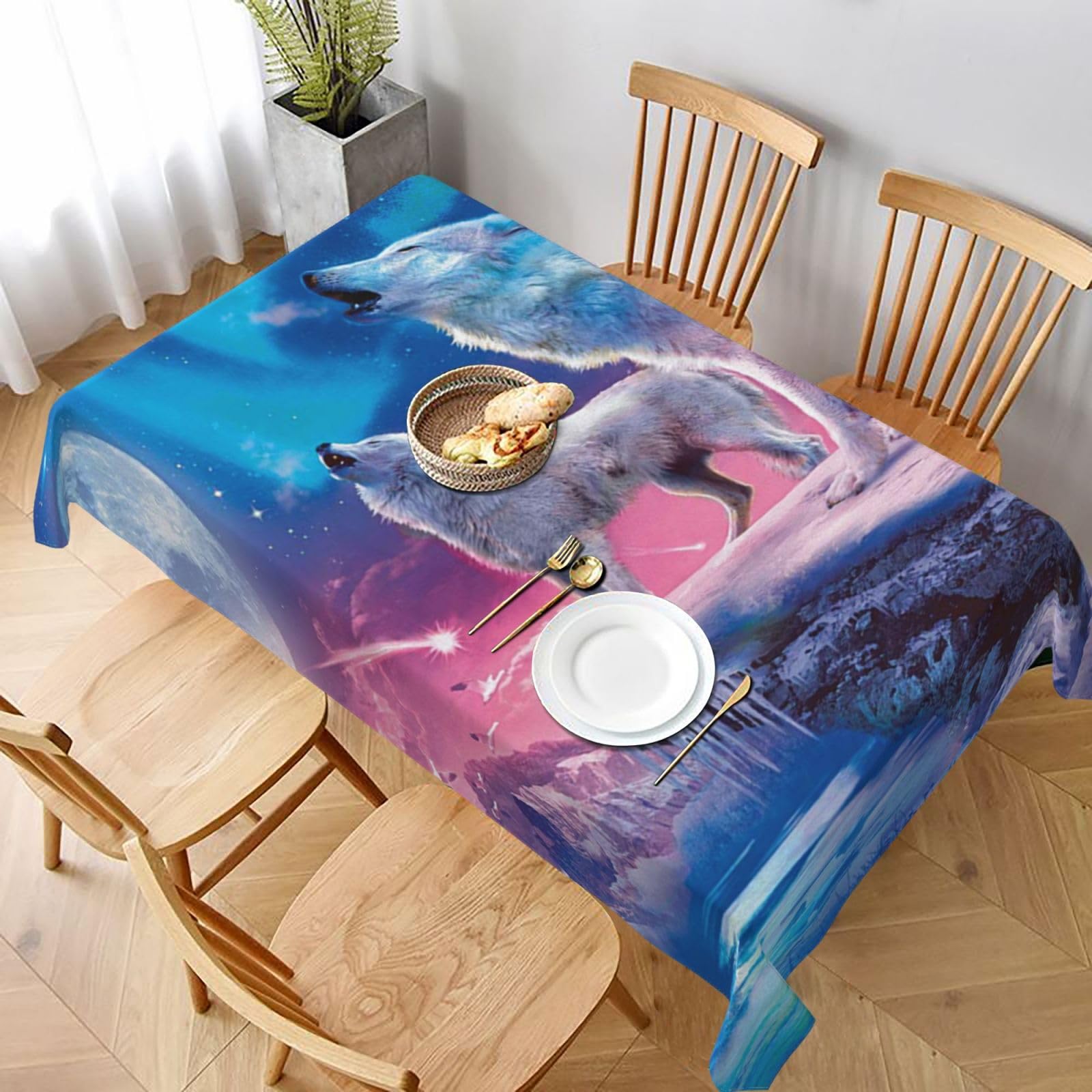 BNVSADC Howling Wolf Printed Rectangle Tablecloth 228x152 CM, Water Resistant Polyester Table Cloth Decorative Fabric Table Covers for Kitchen Dining Table Parties Camping