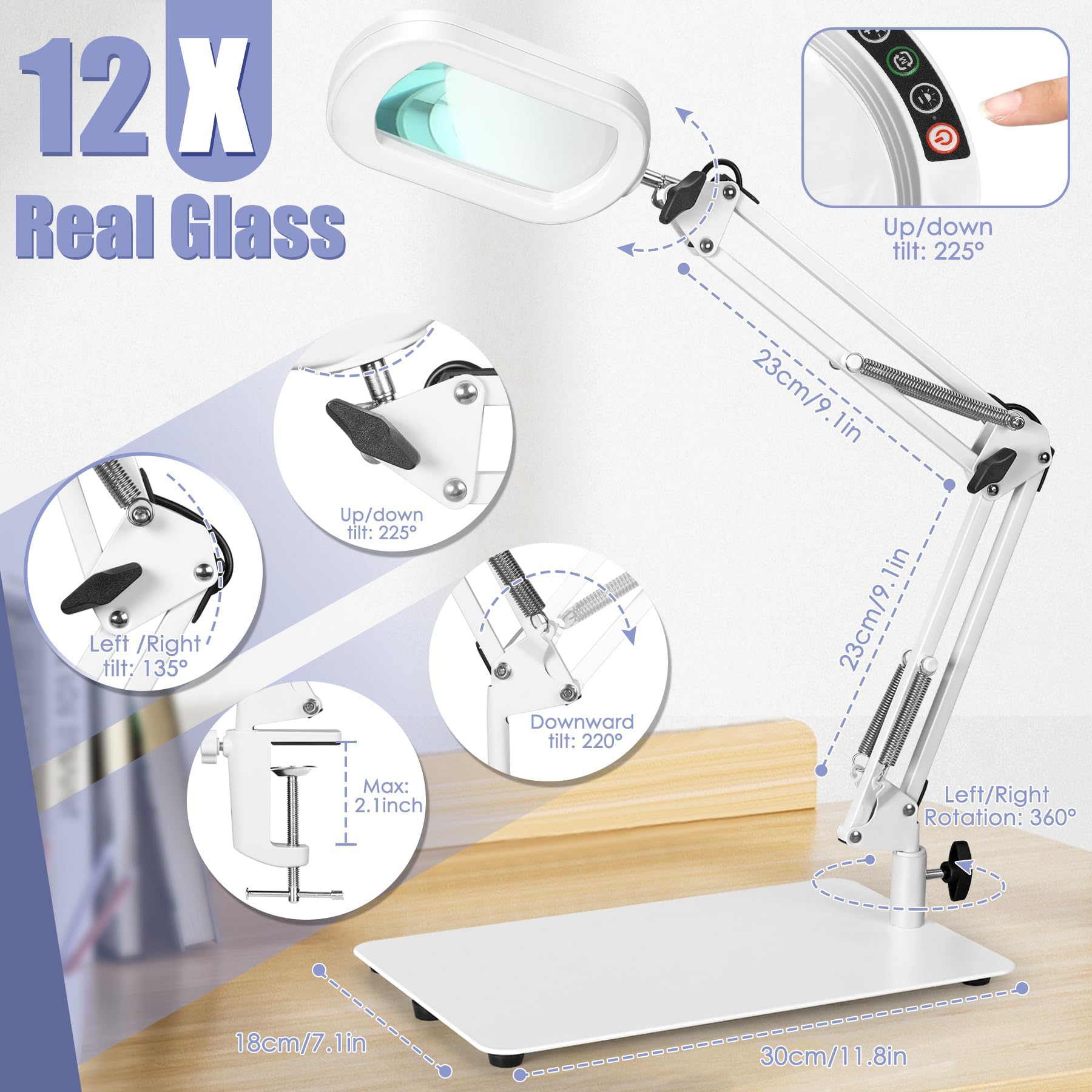 Drdefi Lupa cuadrada con luz y soporte, lupa de cristal real con luz LED, 5 modos de color regulable, lámpara de escritorio manos libres con abrazadera para leer, manualidades, trabajos cercanos