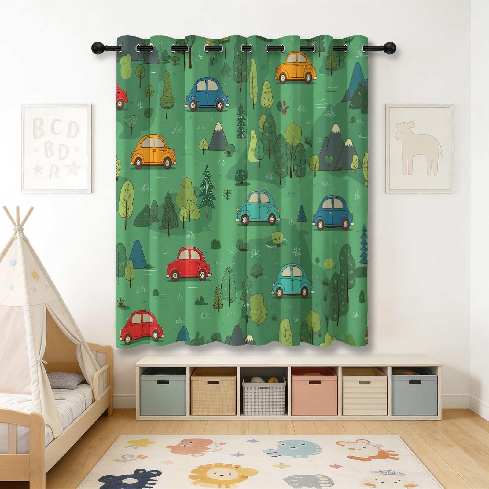 Zasłony zaciemniające z oczkami 140 l x 260H cm (2 panele), drukowane słodkie samochody z kreskówek zasłona termoizolacyjna odporna na zimno i ciepło do sypialni dla dorosłych i salonu, góry zielonego