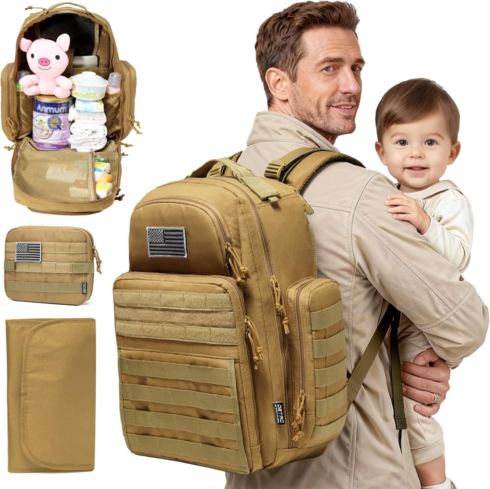 Diaper Bag Backpack for Dad, DBTAC Large Baby Nappy Bag for Men w/Changing Mat, Insulated+Wipe Pockets, Stroller Straps, Brown