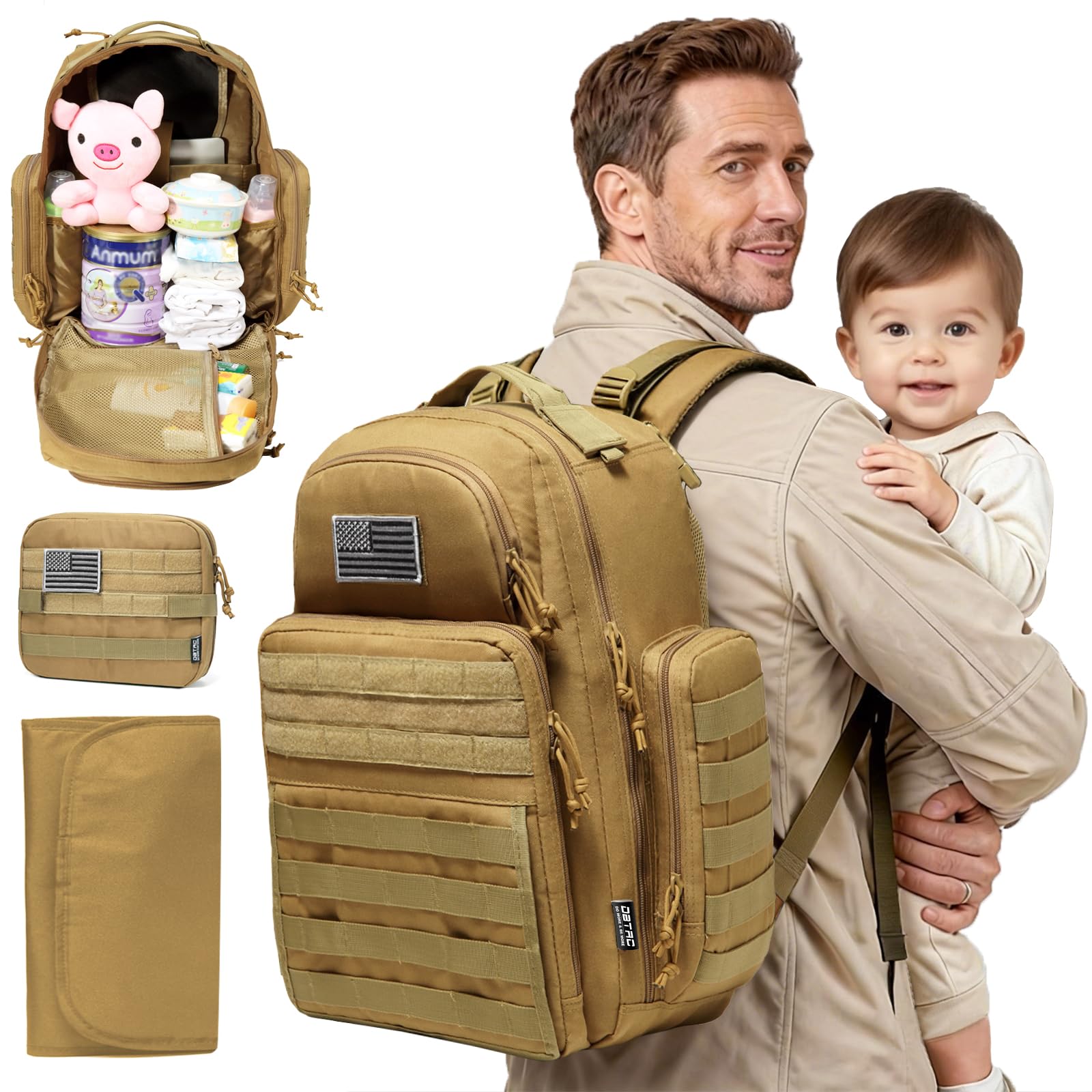 Diaper Bag Backpack for Dad, DBTAC Large Baby Nappy Bag for Men w/Changing Mat, Insulated+Wipe Pockets, Stroller Straps, Brown