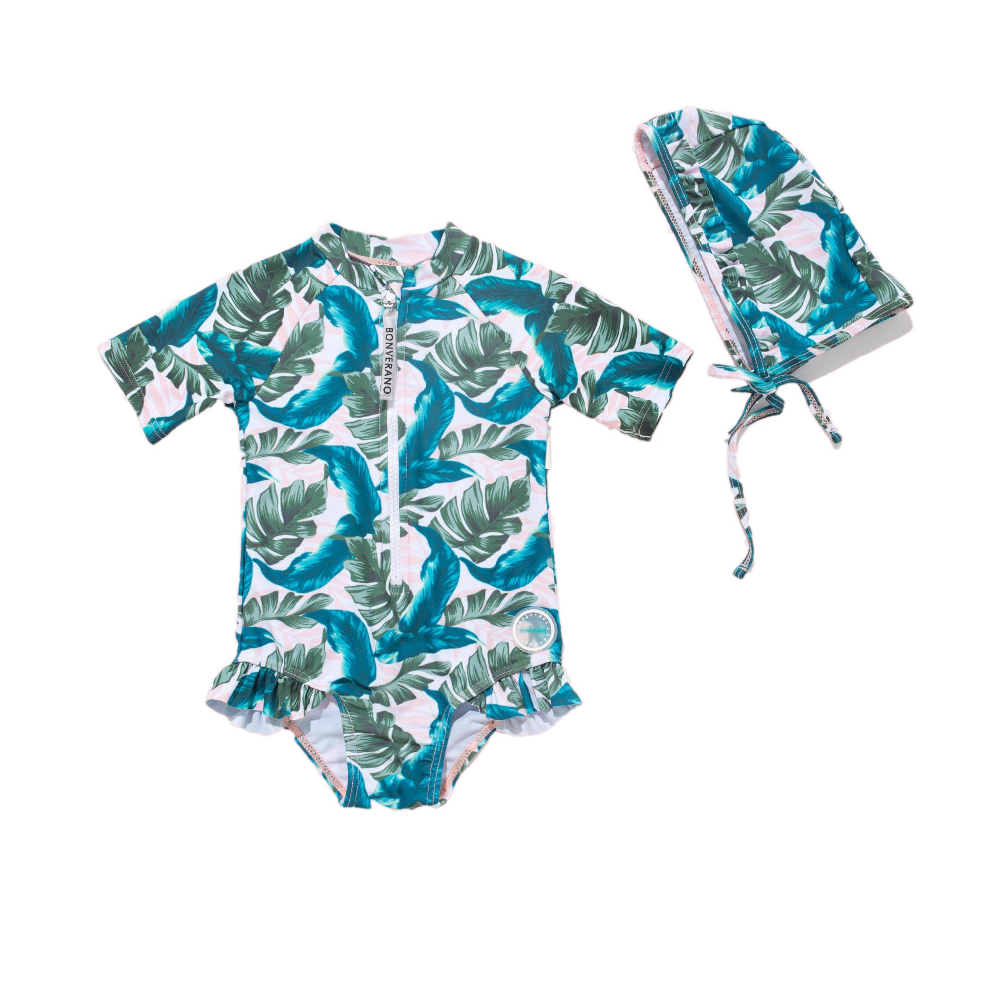 BONVERANO Kleiner Mädchen Schwimmanzug UV-Schutz Bambusmuster Schwimmanzug mit Sonnenhut