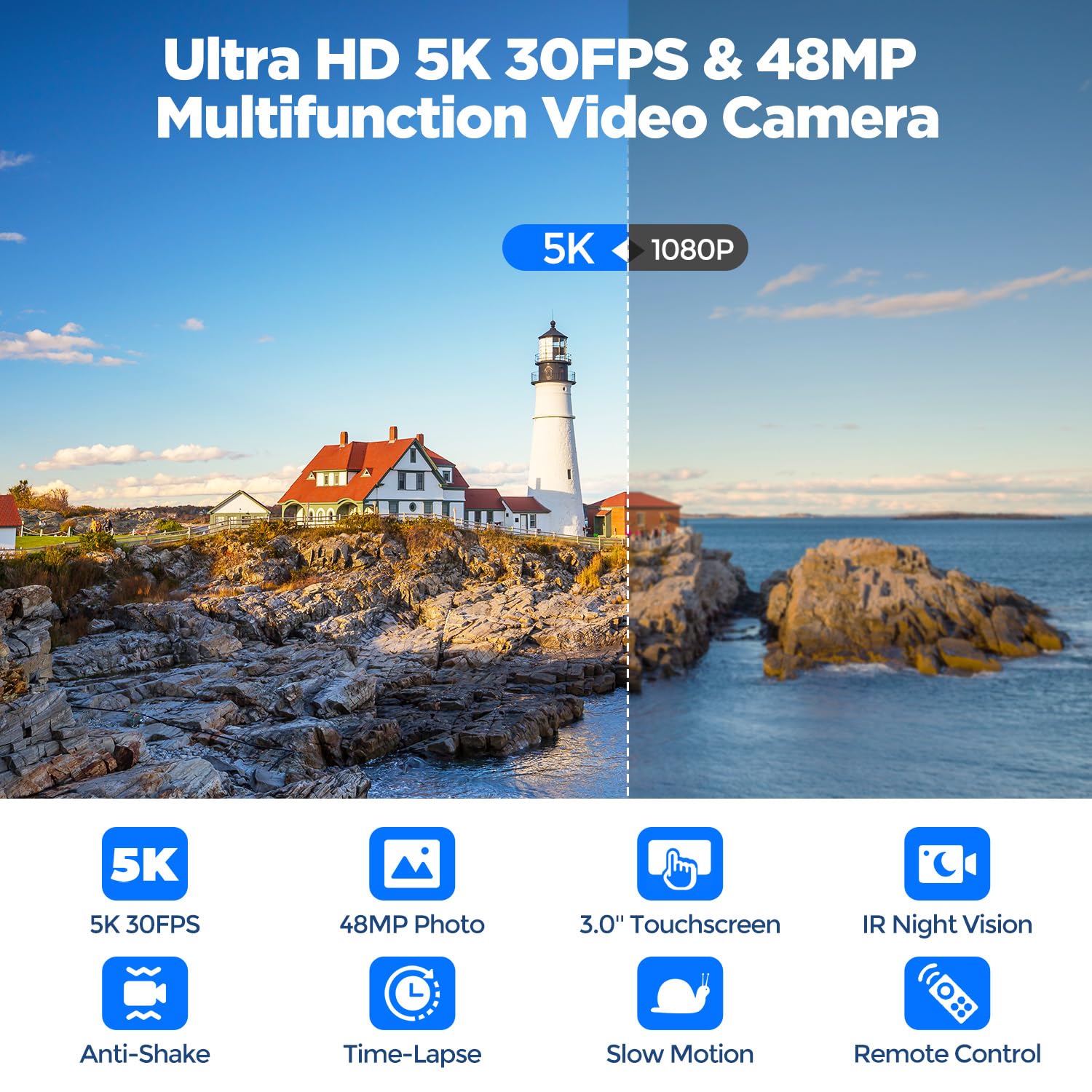 Camcorder 5K 48MP Videocamera YouTube Vlogging, Visione Notturna Webcam, zoom digitale 16X, Schermo Tattile 3" 270°, Camera Vlog con con scheda SD da 32 GB, luce di riempimento, telecomando, Batteria