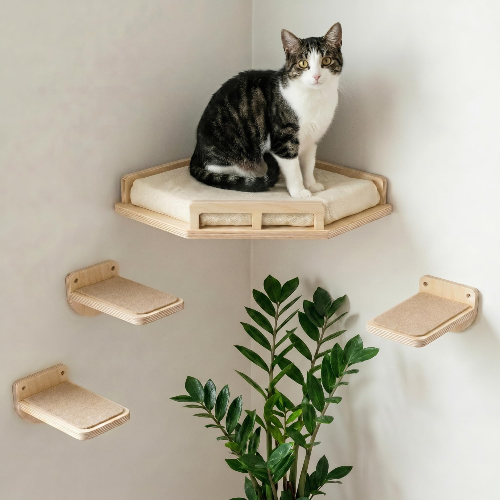 INICIO Cat Wall Shelves - Safe and Sturdy Cat Wall Furniture - Stylish Natural Wood Corner Shelf with 3 Steps for Cats up to 8kg - Padded Perch and Stairs for Climbing and Playing