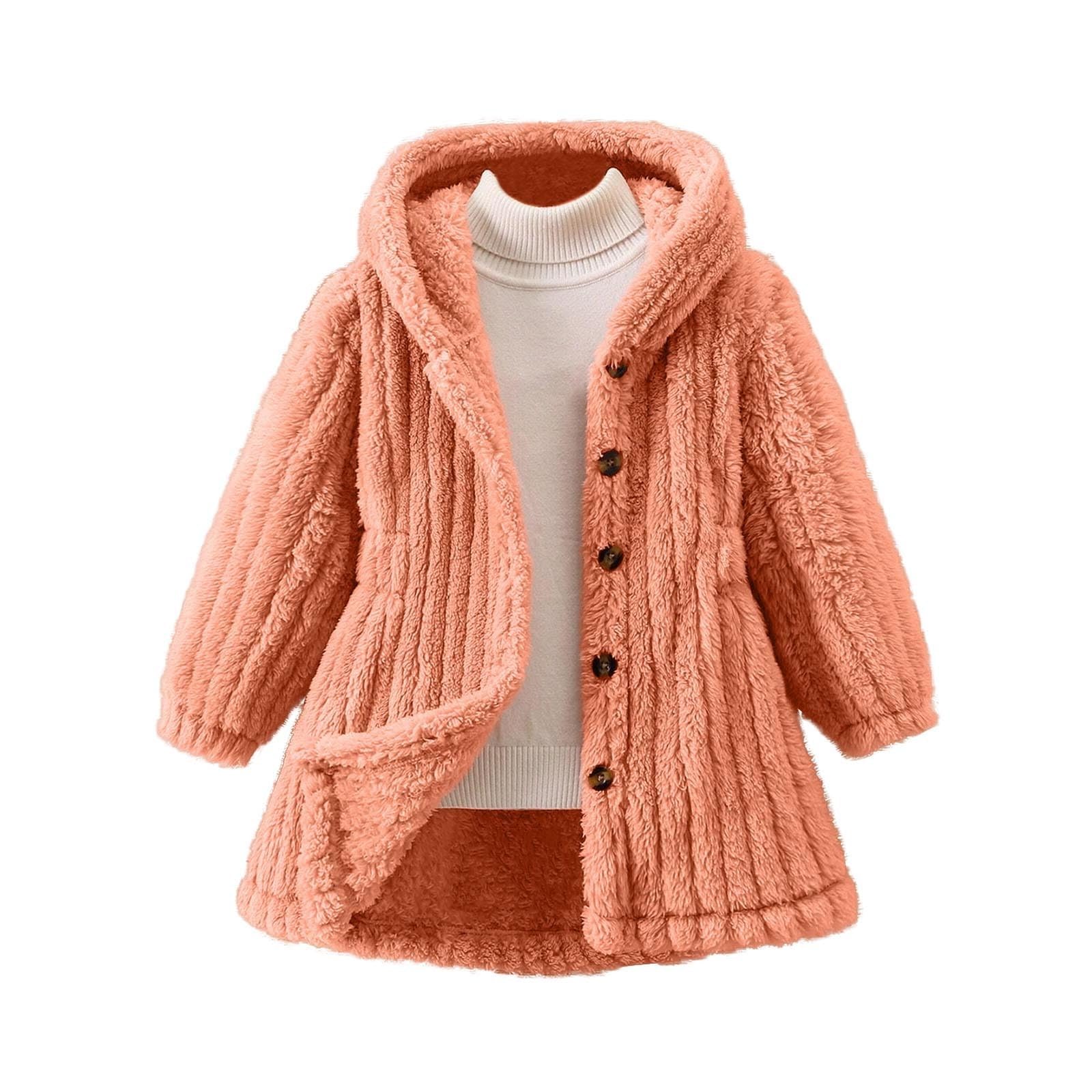 Girls Sherpa Fuzzy Coats Winter Padded Fleece Hooded Jackets Teen Kids Button Open Front Warm Windproof Outwear