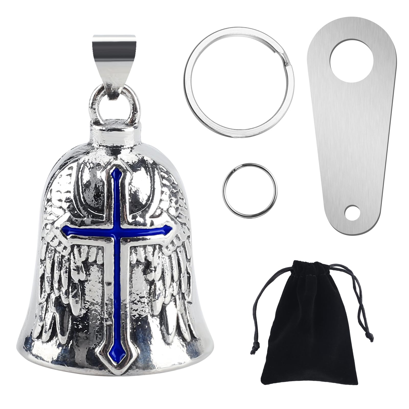 vvag Motorcycle Bell Guardian Angel, Good Luck Biker Bell with Bells Hanger 2 Key Chain Rings and Organizer Bag