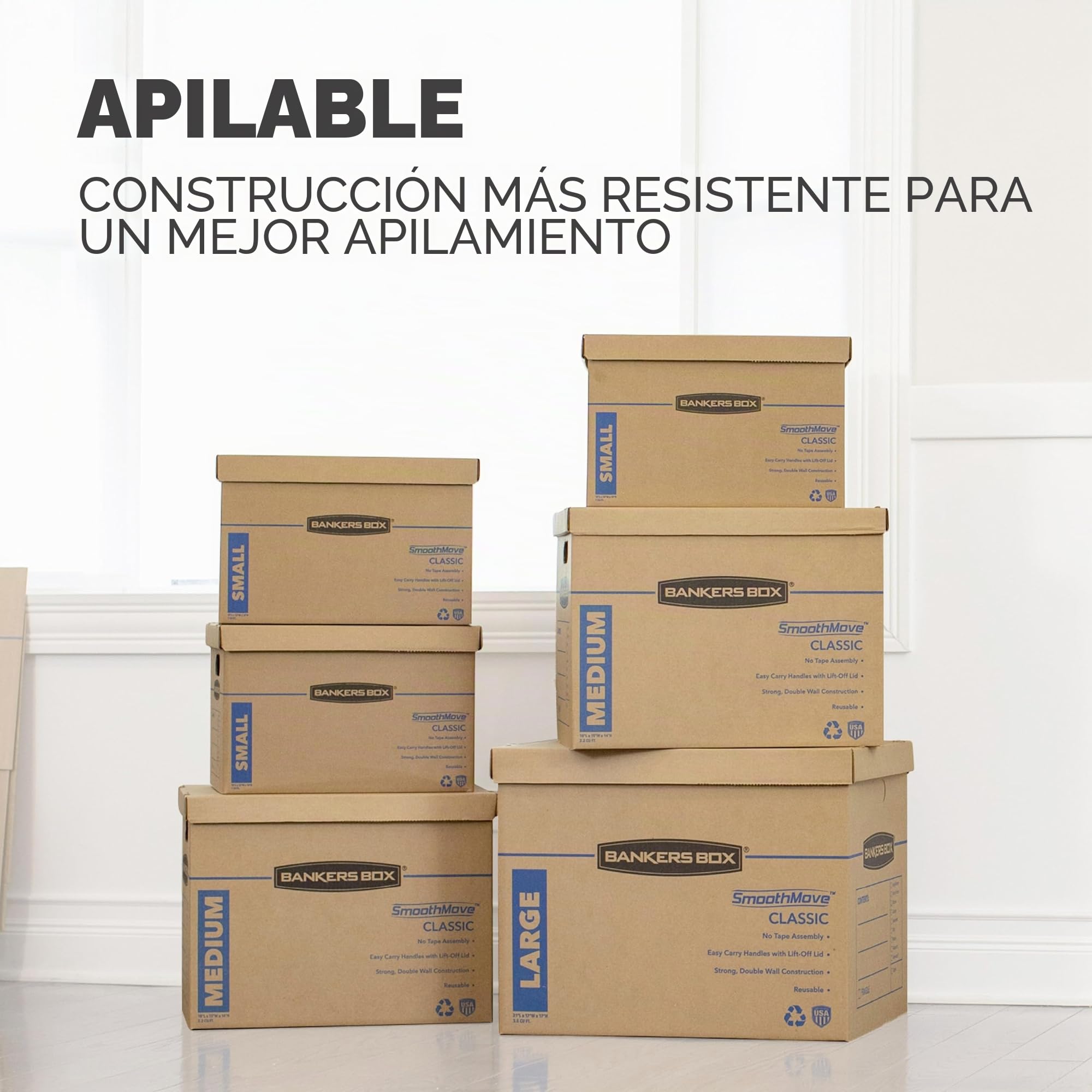BANKERS BOX SmoothMove Cajas de mudanza clásicas, montaje sin cinta, asas de fácil transporte, marrón, paquete surtido de 12 (7716401)