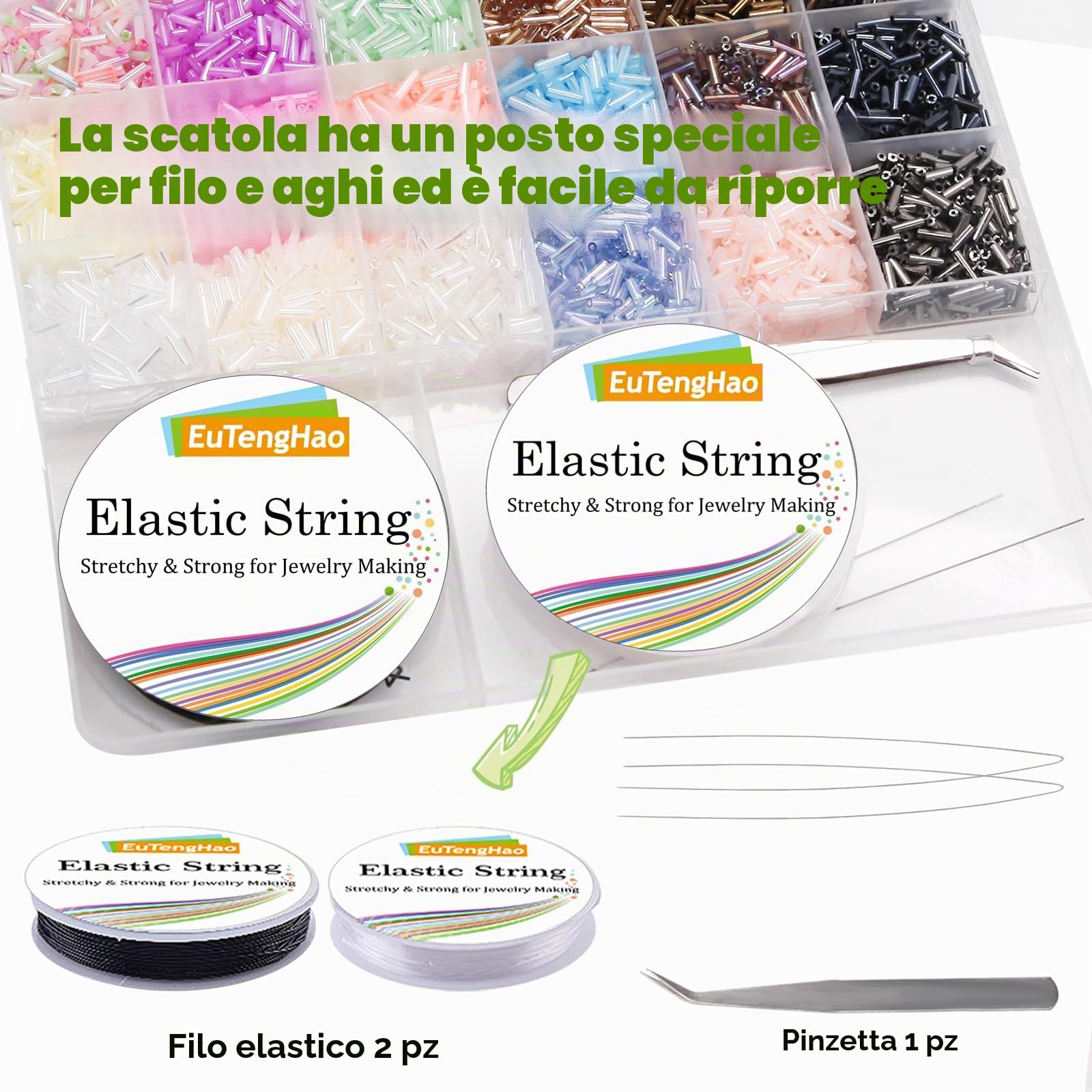EuTengHao 14400pcs perline di vetro Bugle Seed Beads Kit perline tubo per braccialetto fai da te collane artigianato gioielli Making Supplies (7 mm, 300 per colore, 48 colori)