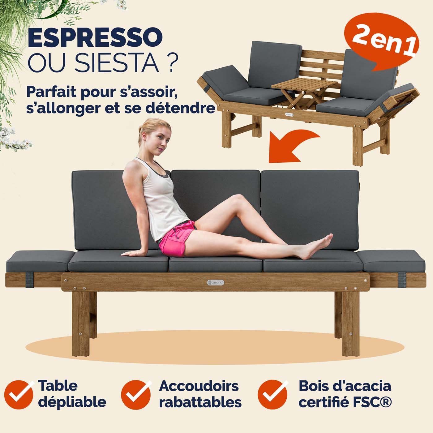 Casaria® Banc de Jardin en Bois avec Table 200x50cm résistant aux intempéries Pliable 3 Places Jardin Balcon Bain de Soleil