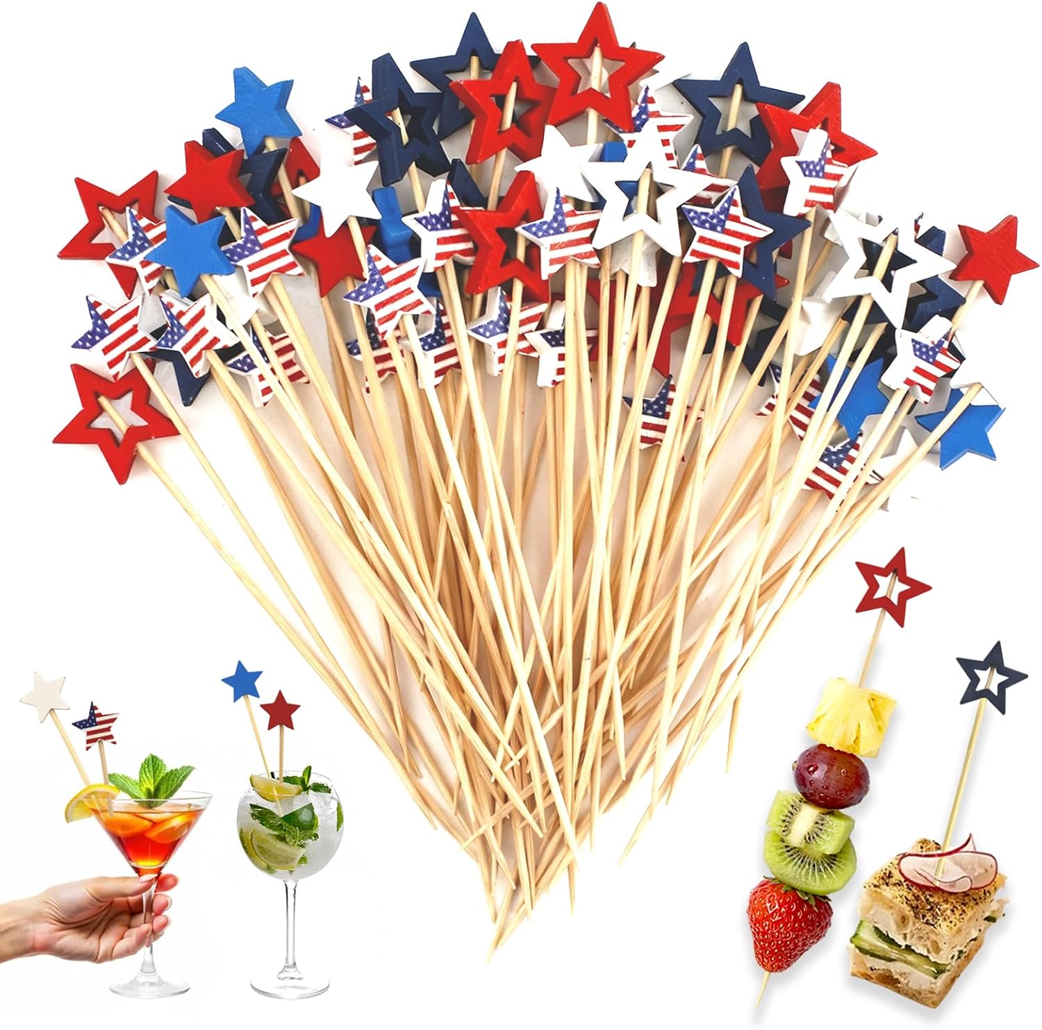 100 Pcs Patriotic Cocktail Picks, Red Blue White Star 4th of July Decor Toothpicks Stick 4.7" Bamboo Appetizer Skewers for Drink & Fruit Garnish, Independence Memorial Veterans Election Day Decoration