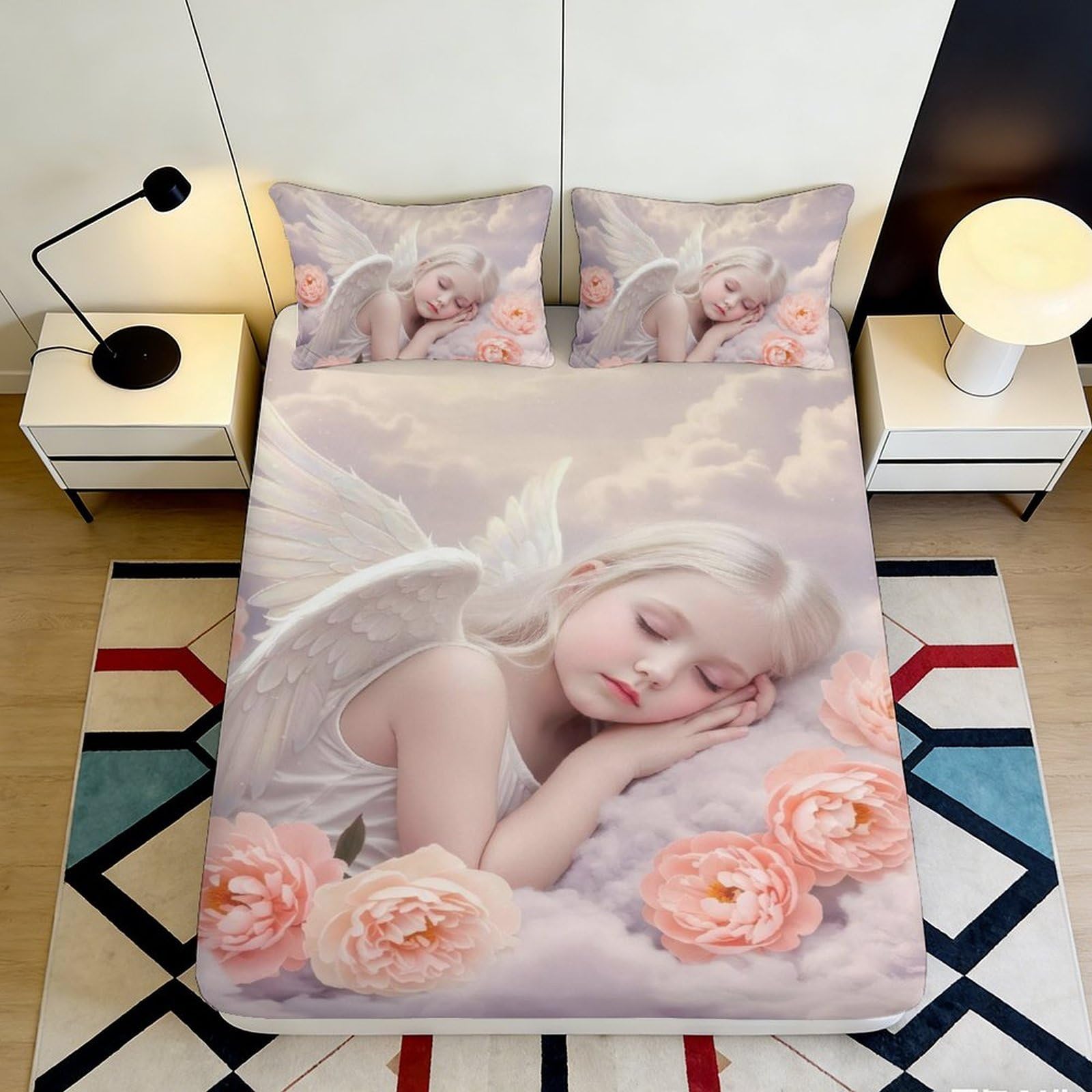 Pnayamiorkfel Style-1 3D Printed Angel Wings Fitted Sheet Microfiber Pink Floral Mattress Cover For Bedroom Dorm Decoration, Easy Care 90X200x25cm