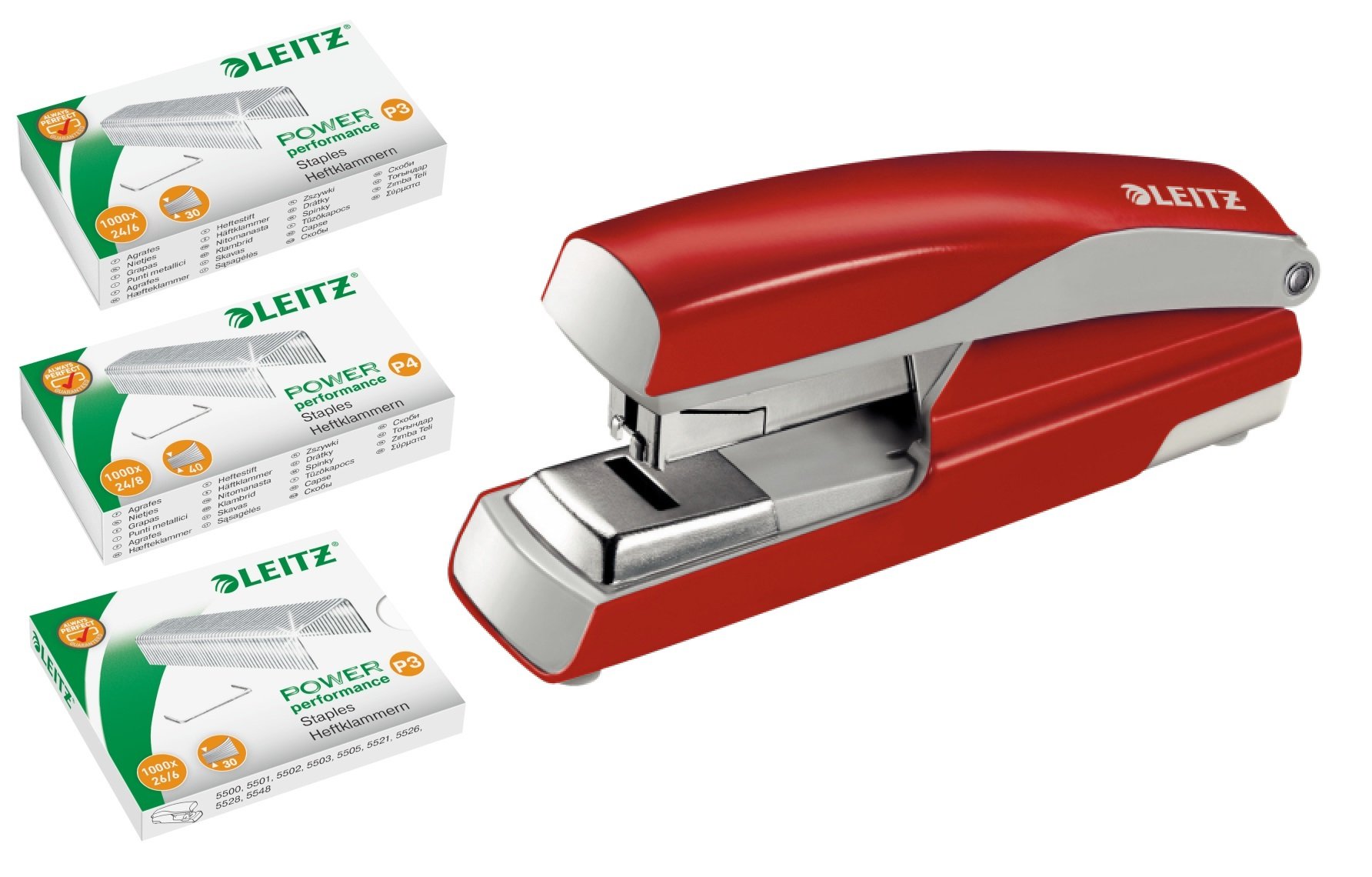Leitz 5523 Stark NeXXt zszywacz płaski, 40 arkuszy, każdy po 1000 zszywek 24/6 24/8 i 26/6 w kolorze czerwonym