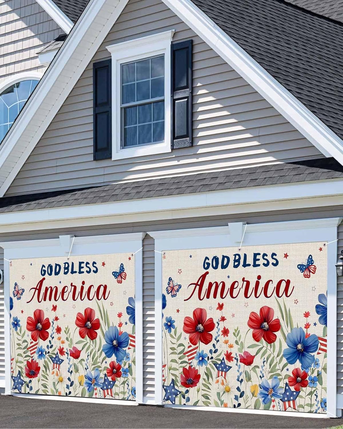 4th of July Red Blue Flowers Garage Door Cover Garage Door Decorations American Flag Butterfly Garage Door Banner with Grommets, Garage Door Backdrop Mural for Outdoor Wall Door Photography 7x16ft
