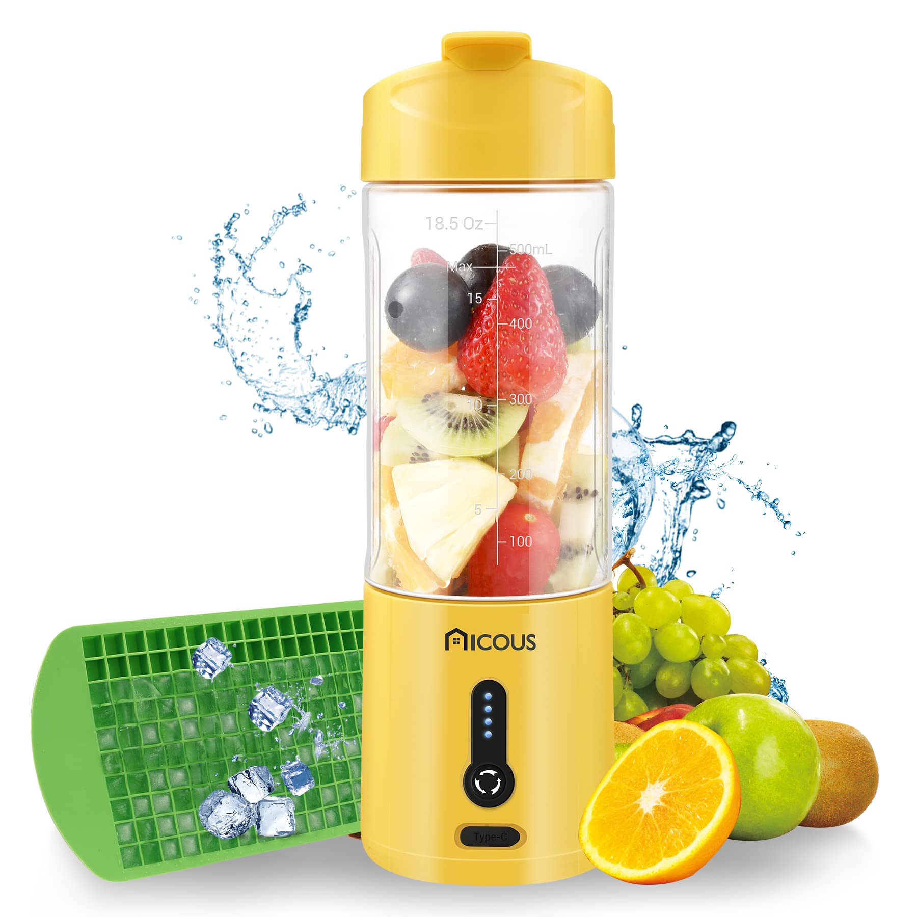 Portable Blender for Shakes and Smoothies, 18 Oz Personal Blender with Ice Cube Tray and Cleaning Brush, 6 Blades Water-Pr...