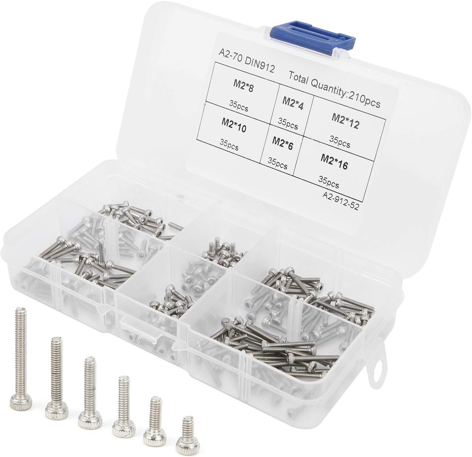 LANTRO JS - 210Pcs M2 304 Stainless Steel Hex Socket Head Screws Assortment Kit, Hex Socket Cap Head Screw Hardware Accessories Boxed Set