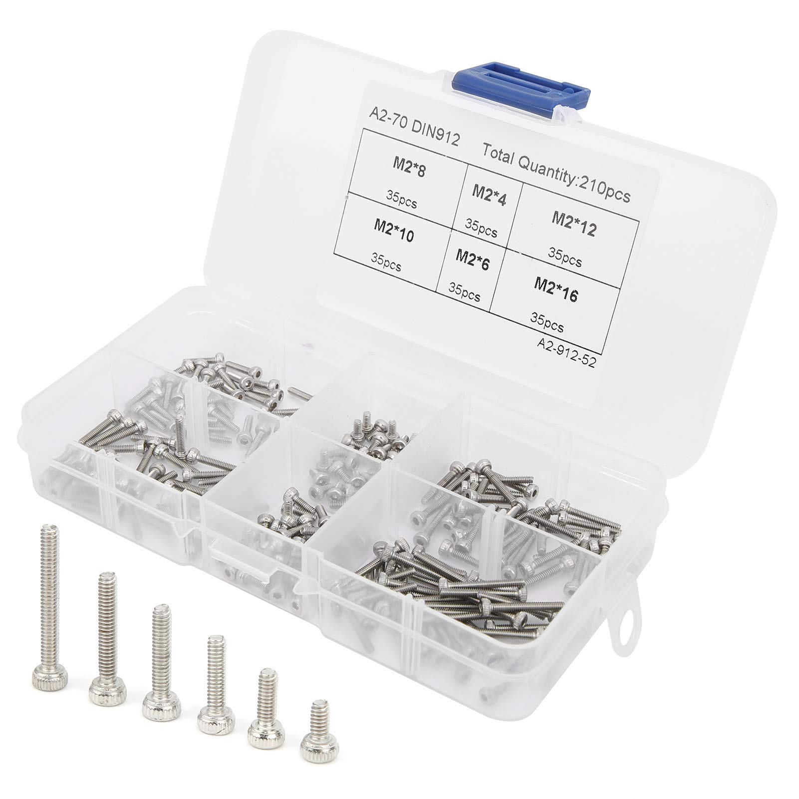 LANTRO JS - 210Pcs M2 304 Stainless Steel Hex Socket Head Screws Assortment Kit, Hex Socket Cap Head Screw Hardware Accessories Boxed Set