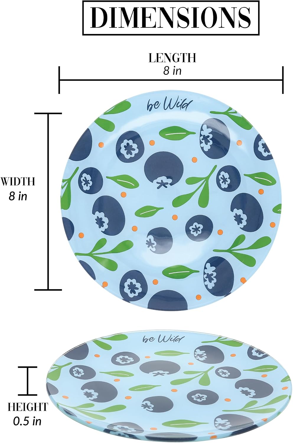 Pavilion Gift Company - Be Wild - 8" Round Glass Appetizer Blueberries Patterned Serveware Plate