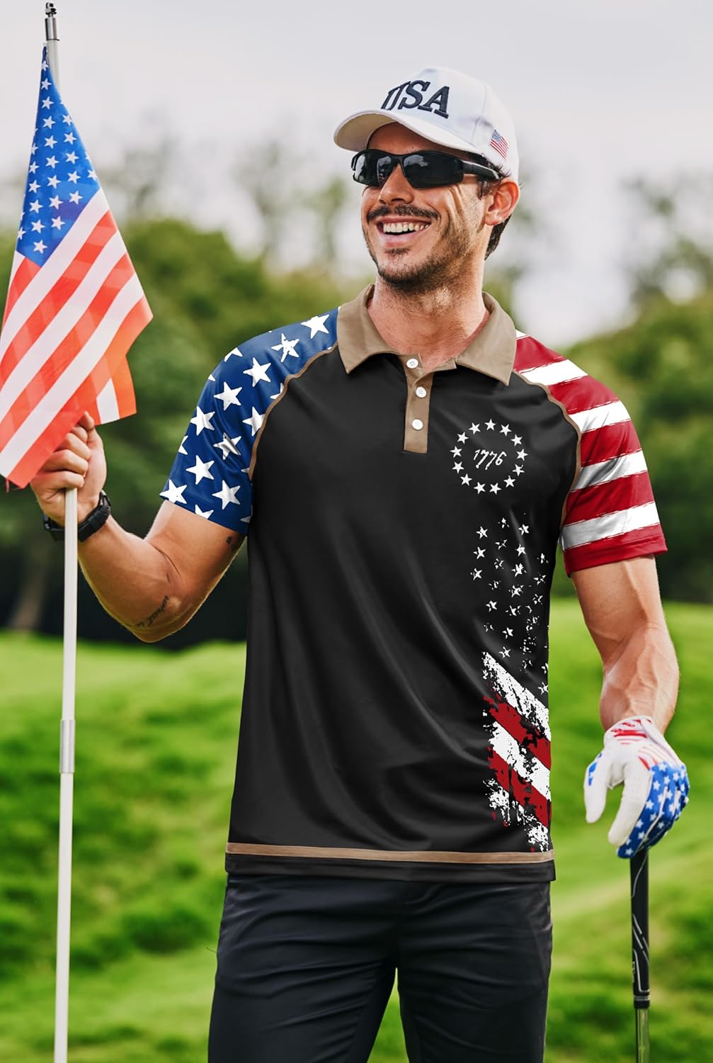 Mainfini Men's Short Sleeve Golf Shirts UPF 50+ Raglan Patriotic American Graphic Polo Shirt (S-3XL)