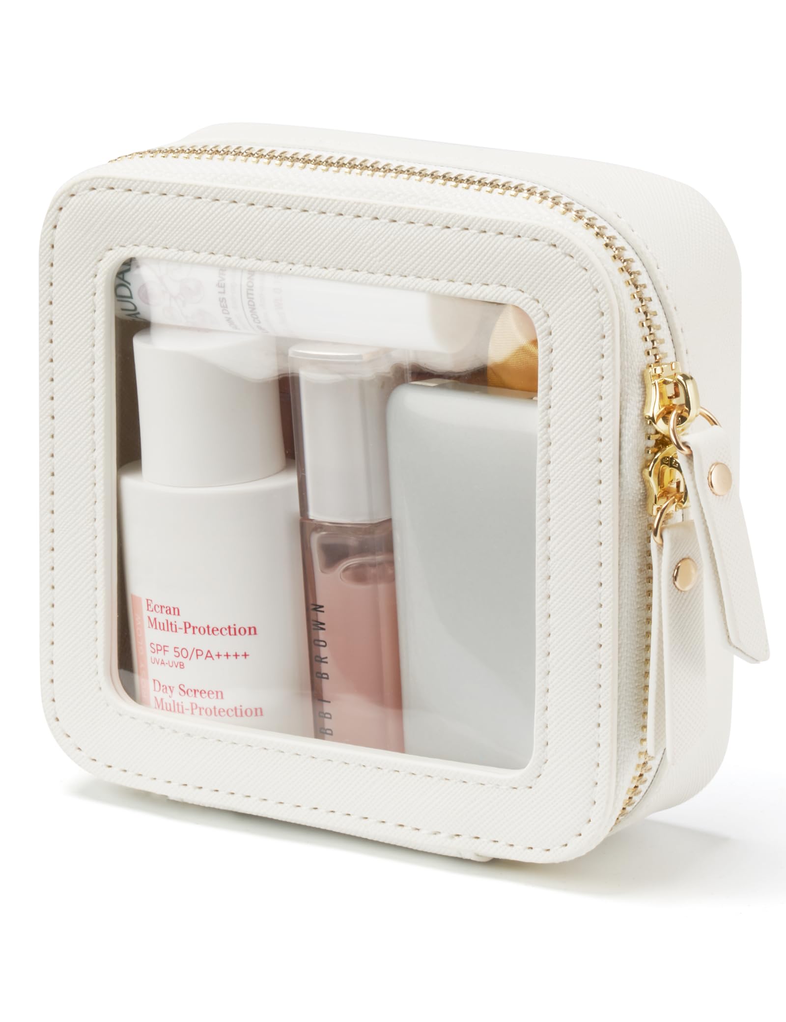 PopvibeSmall Cosmetic Bag for Purse Mini Makeup Bag for School Cute Clear Make Up Pouch for Travel Tiny Leather White Make Up Organizer Case for Backpack Toiletry Bag Waterproof Square Pouch with Zipper