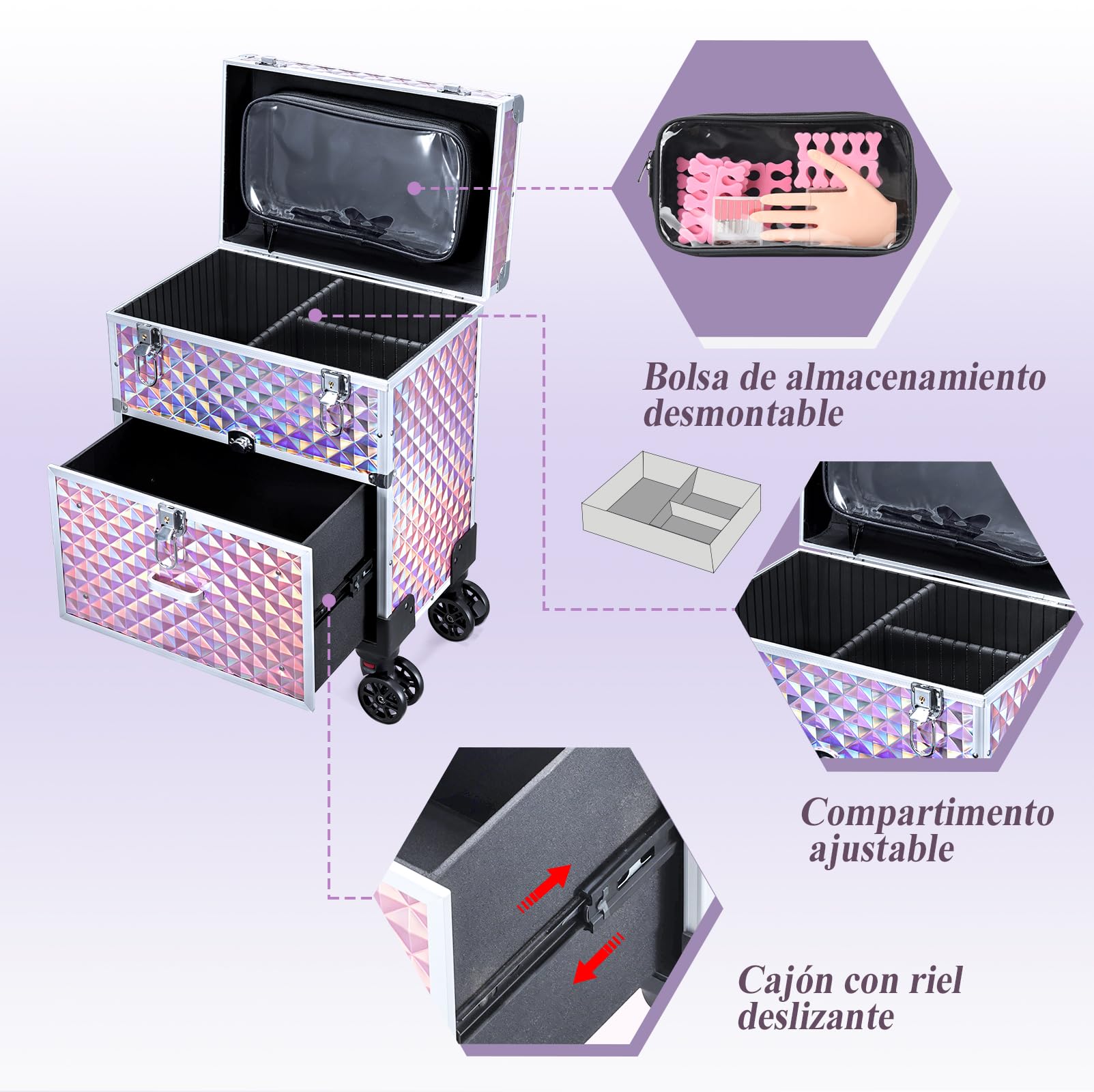 Maleta Maquillaje con Ruedas Maletín Maquillaje Profesional con Cajones, Maletín de peluquería Caja Maquillaje para para Maquilladores, Peluqueros y Técnicos de Uñas, con Bolso Desmontable, Rosa