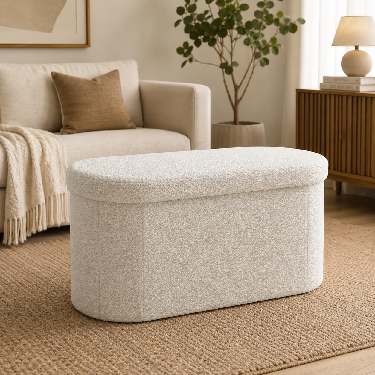 Ottoman with Storage | Ottoman Bench with Storage — Boucle Upholstered Stool with Storage Box | 2 Seater Sofa Footrest Toy Chest Shoe Bench Seat Organiser | Living Room Bedroom -Cream-image-43