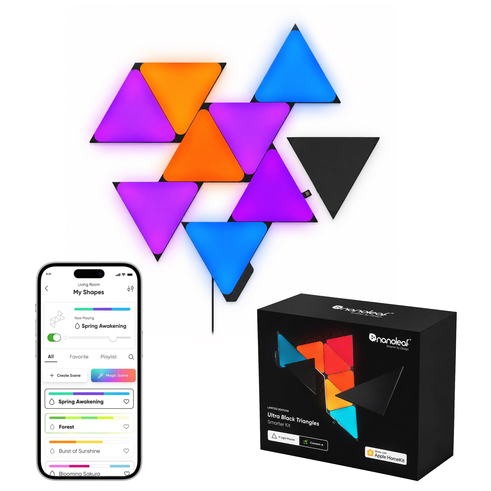 Nanoleaf Kit de inicio Shapes Ultra Black Triangle, 9 paneles LED triangulares inteligentes RGBW 16 millones de colores, sincronización de música y pantalla, compatible con Alexa, Google y Apple