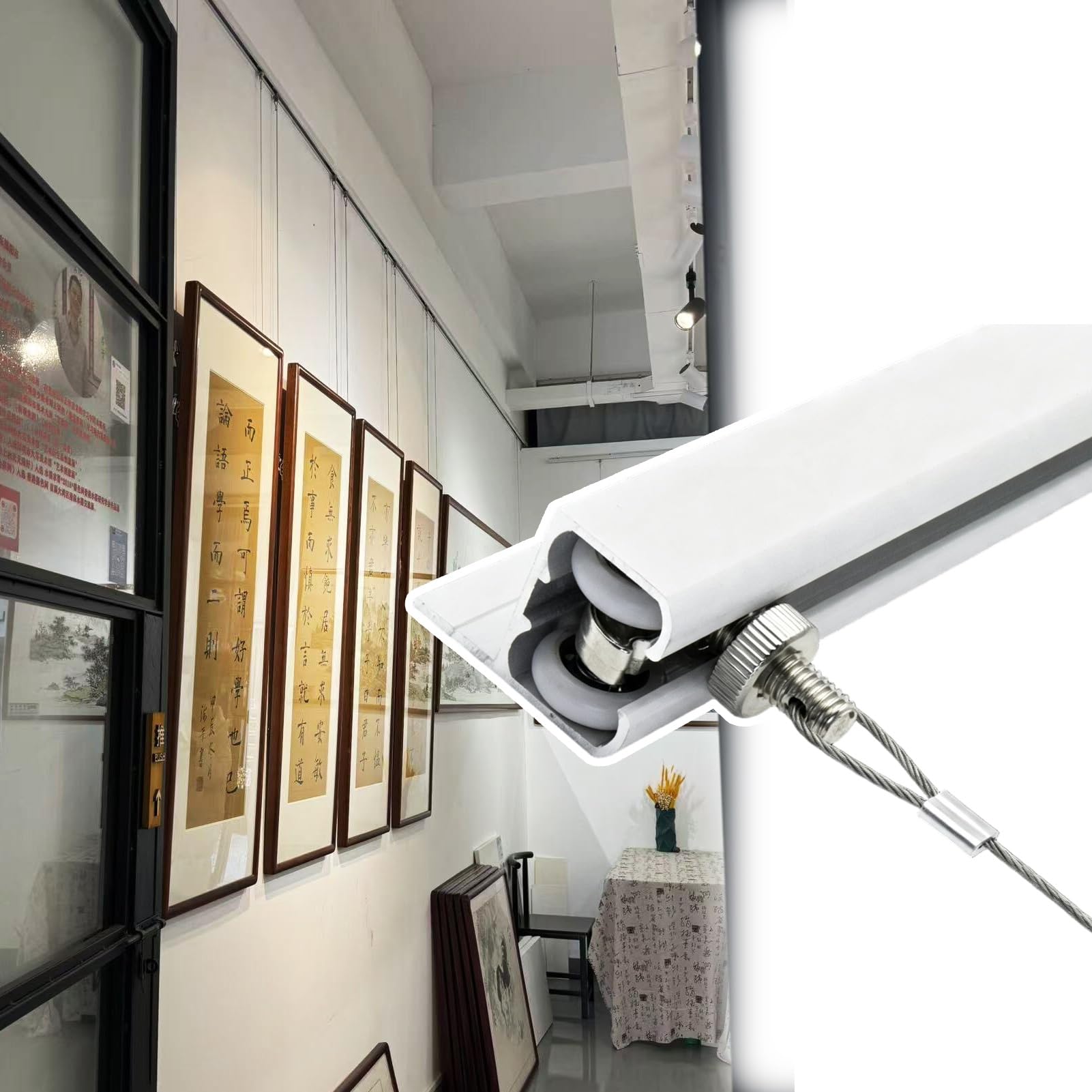 Attaccaglie per Quadri Sistema Professionale di Binari per Galleria D'arte | Binario in Alluminio da 1 m e 1,5 m(Wall Mount,1.5m rail+2.5m Wire)