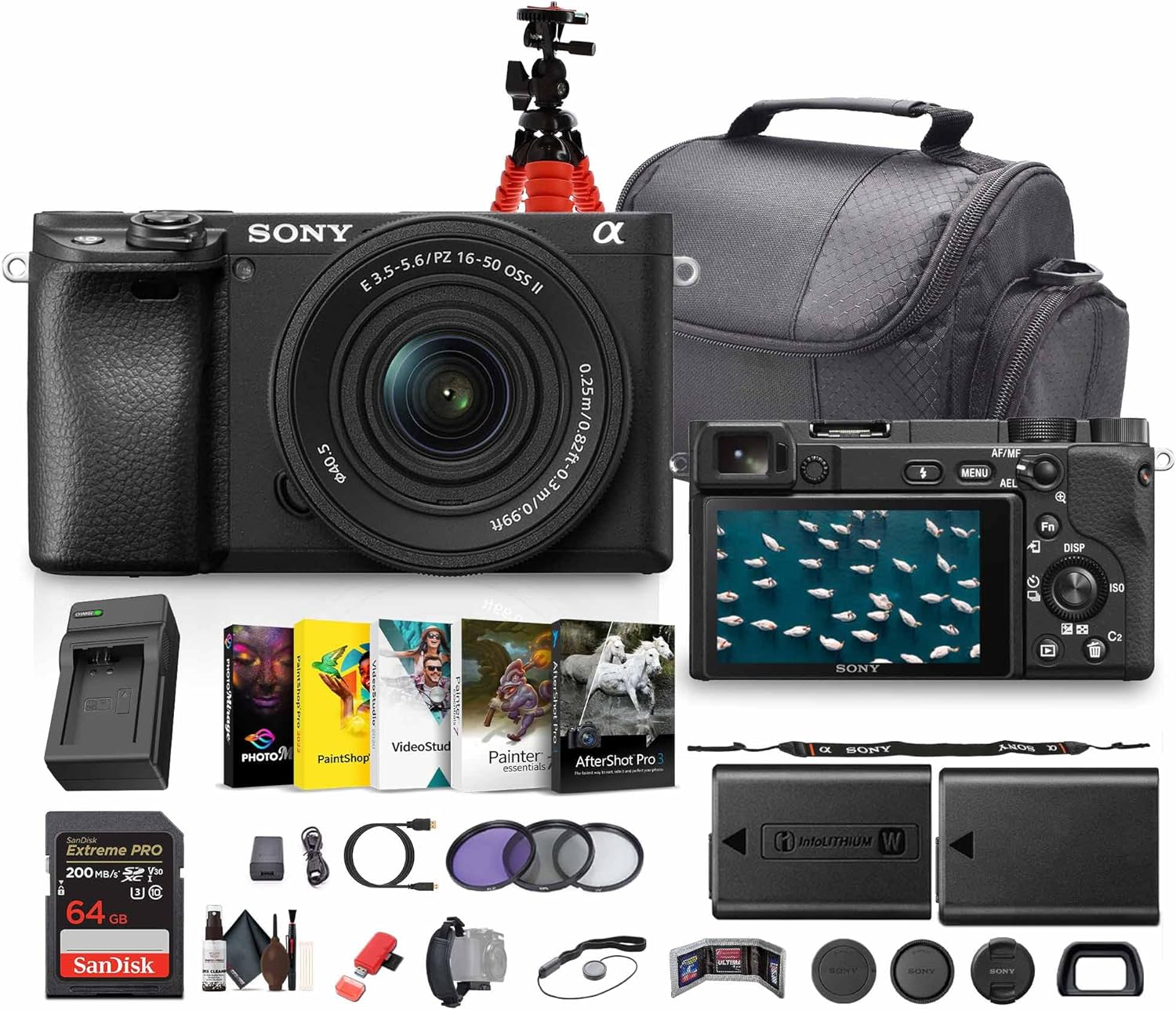 Sony a6400 Mirrorless Camera with 16-50mm f/3.5-5.6 II Lens (Black) (ILCE6400KB) + Photo Software + 64GB Memory Card + NP-FW50 Battery + Camera Bag + Charger + Lens Filter Kit + More