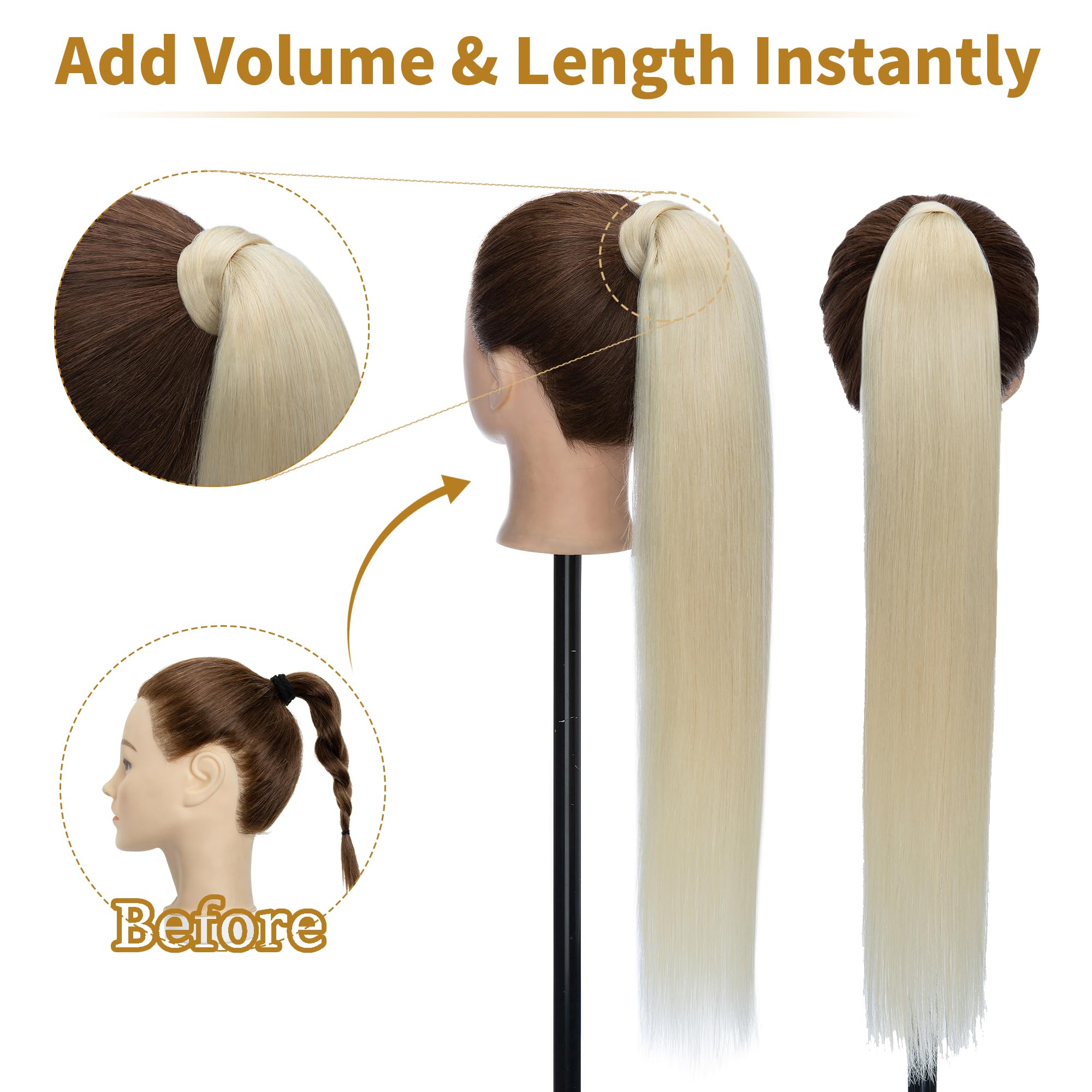 SEGO Coda Capelli Extension Clip Coda di Cavallo 100% Remy Human Hair Lisci Naturali Ponytail Aderire 45cm-90g # Biondo Platino