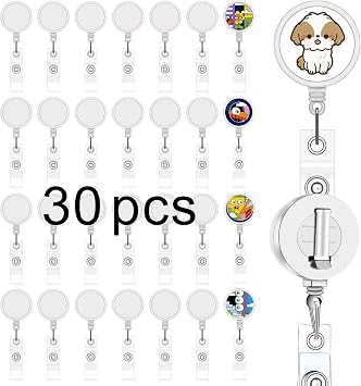 30 Pcs sublimation badge reels Blank,diy badge reel kit sublimation id badge blanks retractable badge reel,badge holder retractable clip for Office Worker Doctor Nurse Key Card Name Tag Holder white