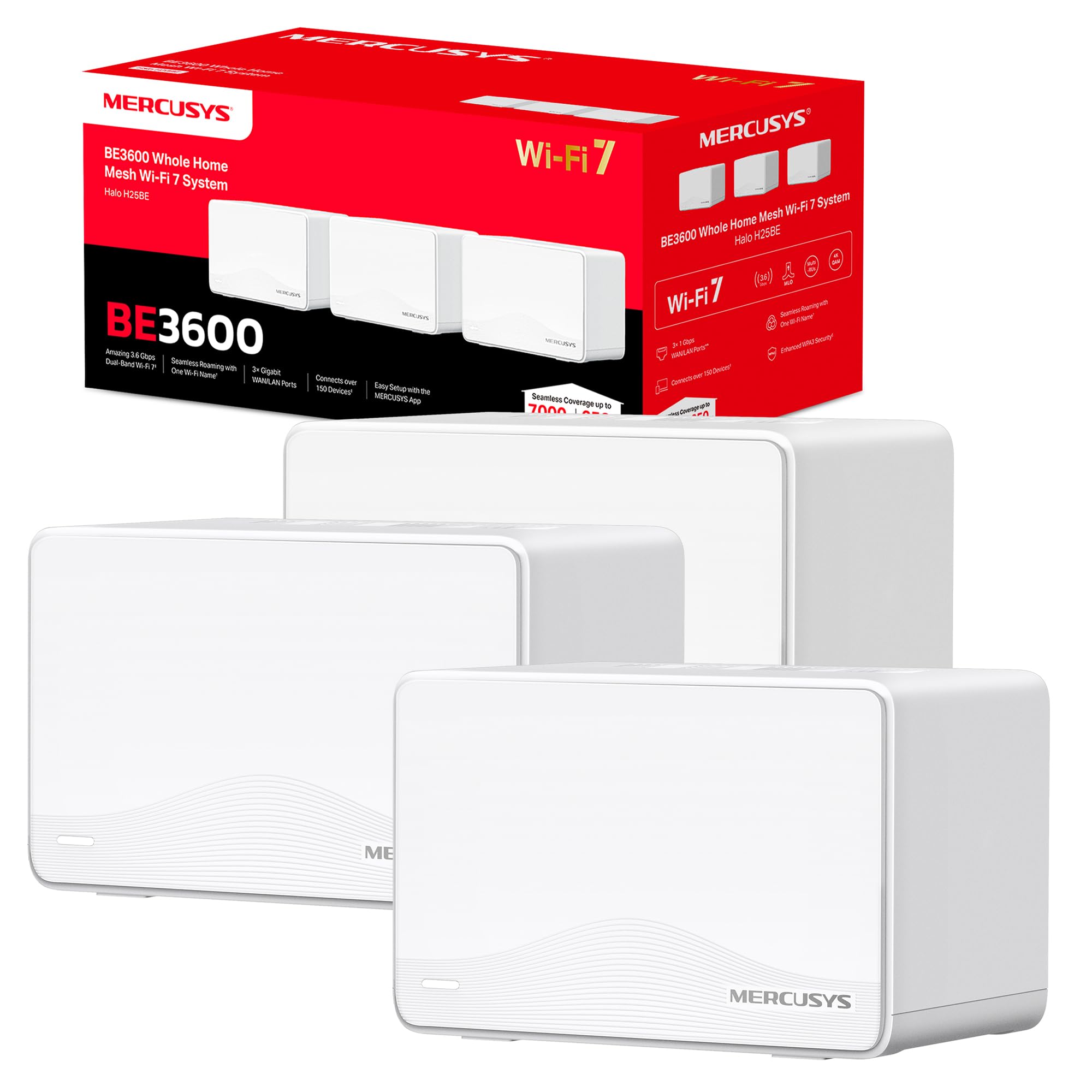 Mercusys TP-Link Halo H25BE(3-Pack) Mesh Wi-Fi 7 BE3600Mbps Dual-Band, 3 Puertos WAN/LAN Gigabit, Cubiertos hasta 650m2, 4K-QAM, MLO, Multi-RUs, Control por App, 3 Unidades