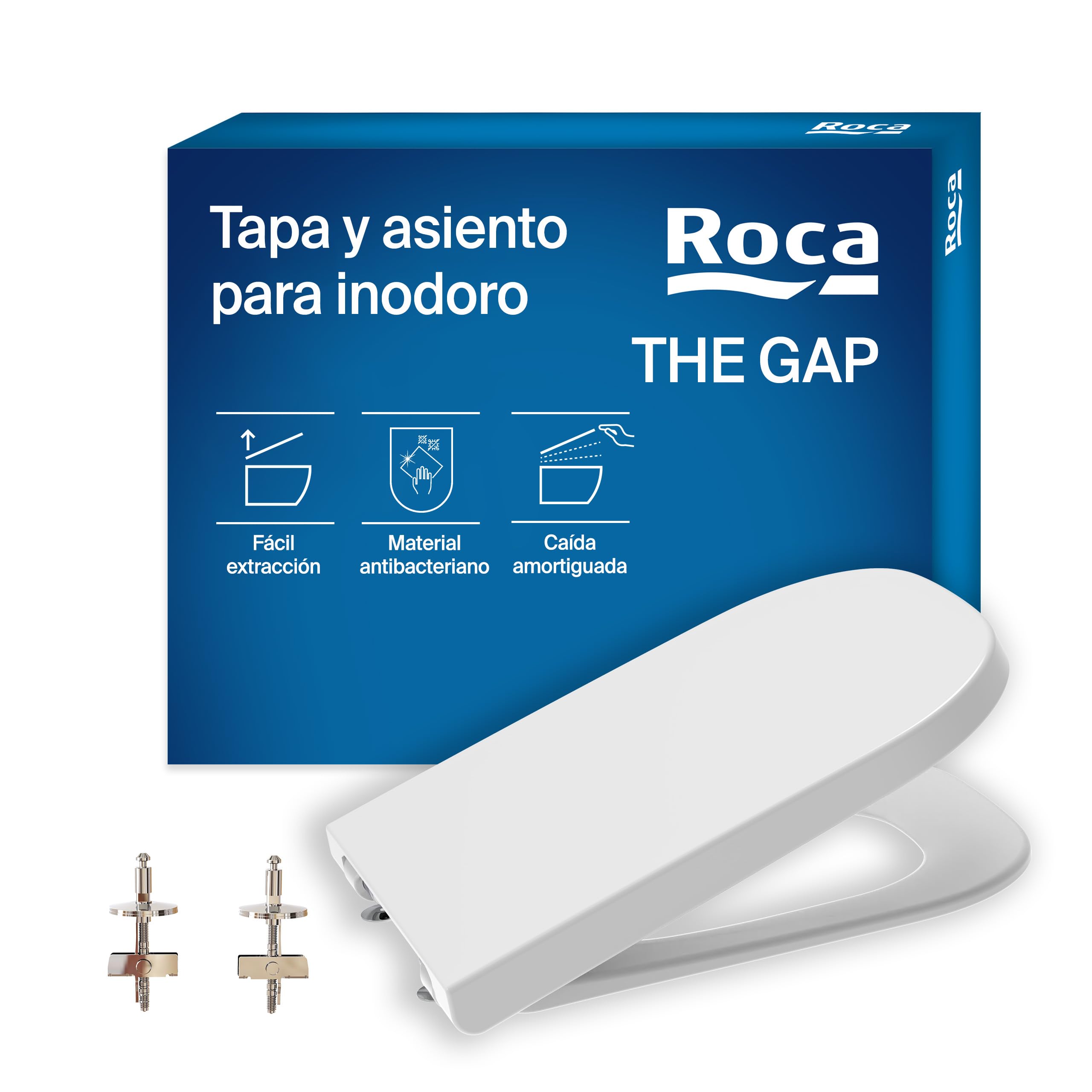 Roca The Gap - Tapa y asiento de Supralit para inodoro de tanque bajo con caída amortiguada, tapadera de WC original con ajuste perfecto, recambio de tapa de váter resistente, blanco, A80147000B