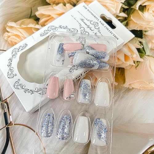 Miniatura 3 de Uñas postizas artificiales a presión de longitud media con diseño de lentejuelas plateadas, cobertura completa, reutilizables, rosadas, en forma de