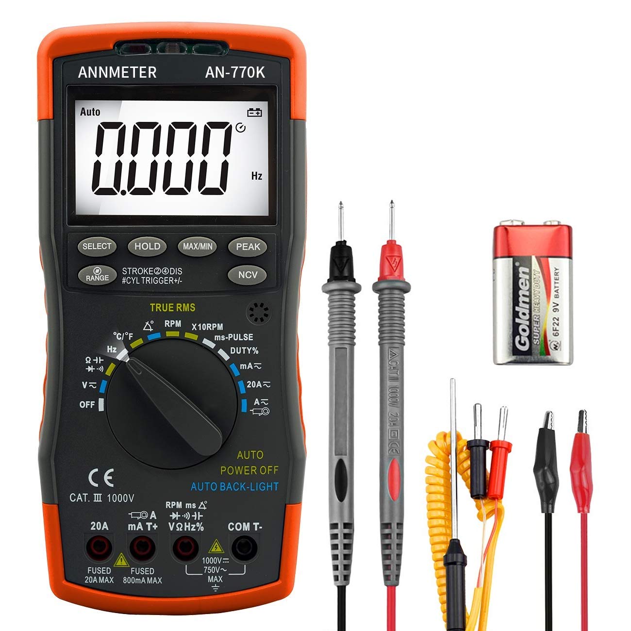Digital Multimeter Engine Analyzer, Auto-Ranging 6000 Counts Voltage Meter, Volt Ohm Amp DMM r, Injection Pulse, Dwell Angle, RMP r for Automotive Professionals (ANNMETER AN-770K)