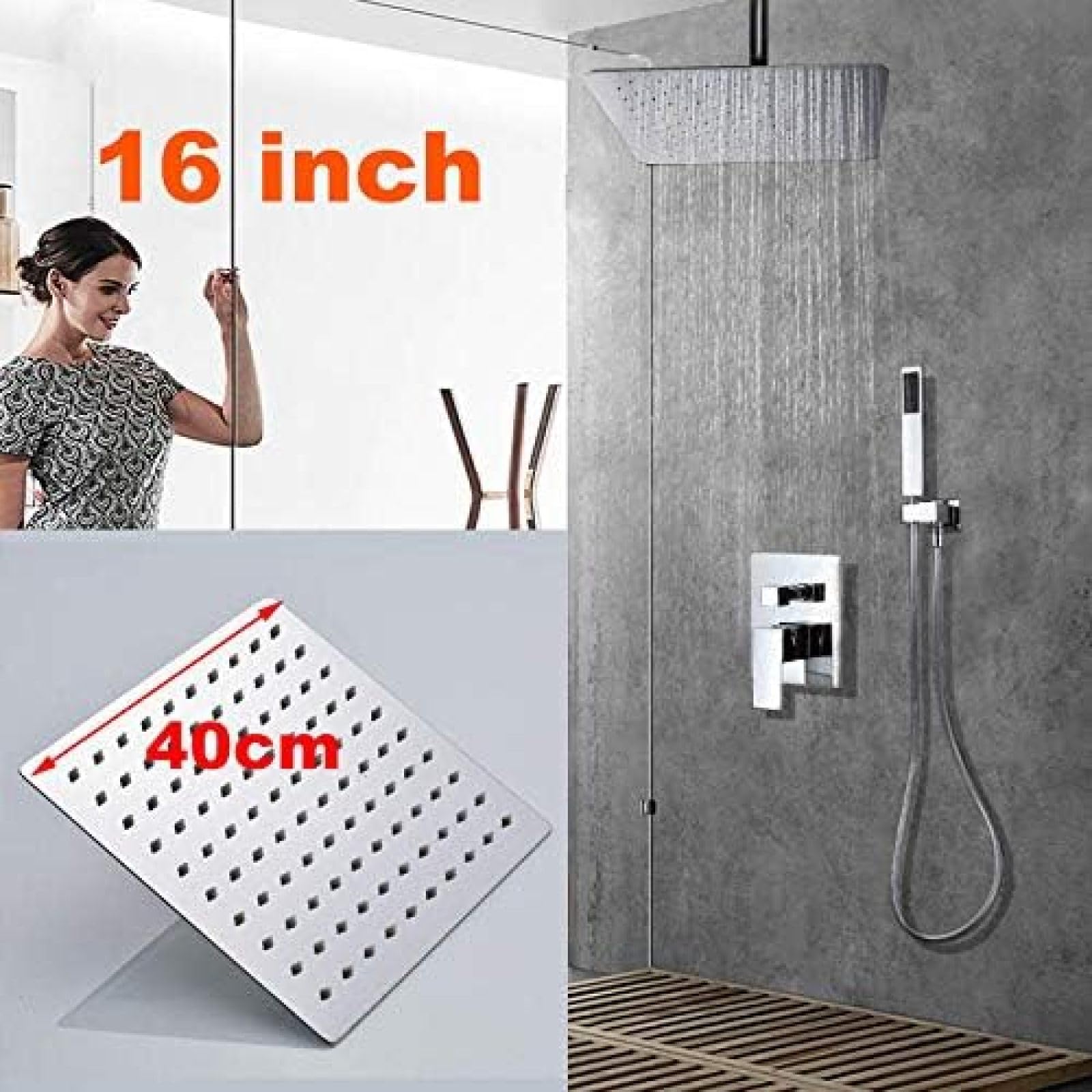Sistema di soffione Doccia a Pioggia Nascosta Rubinetto per Vasca e Doccia Cromato Bagno Miscelatore a Pioggia di Lusso Set Doccia combinato-16 Pollici,16 Pollici