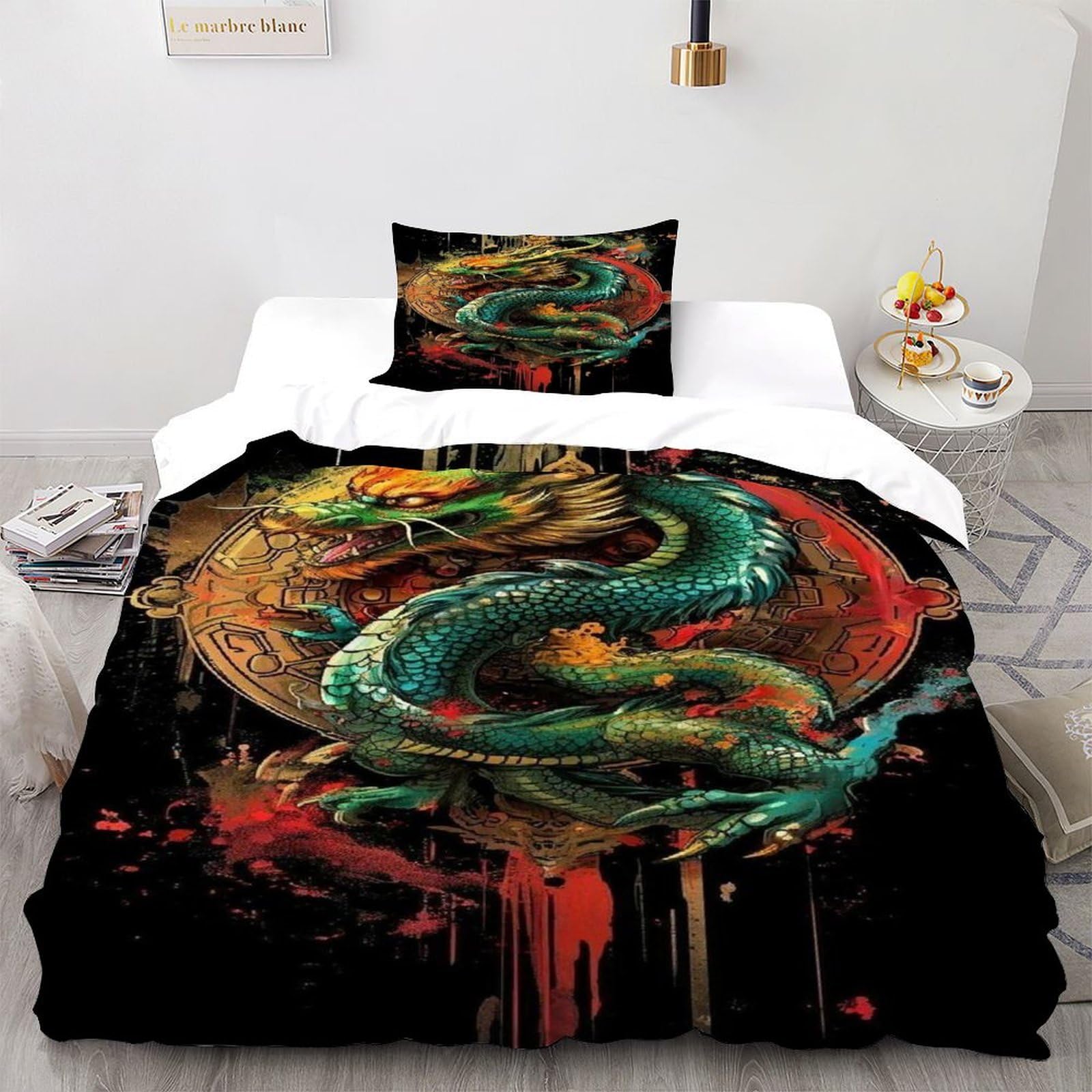 Housse de couette dragon 135x200cm en microfibre avec sa taie d'oreiller assortie pour lit simple