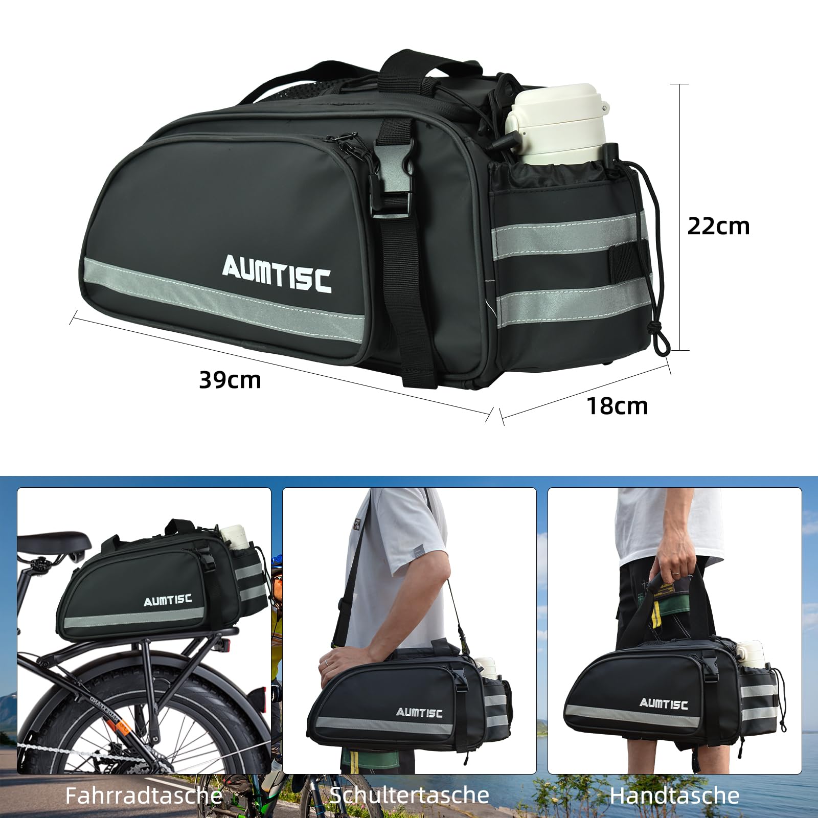 AUMTISC Maleta de Bicicleta, Asiento Trasero Impermeable 15l con Correa Reflectante, Bolsa de hervidor de Agua con Cubierta de Lluvia