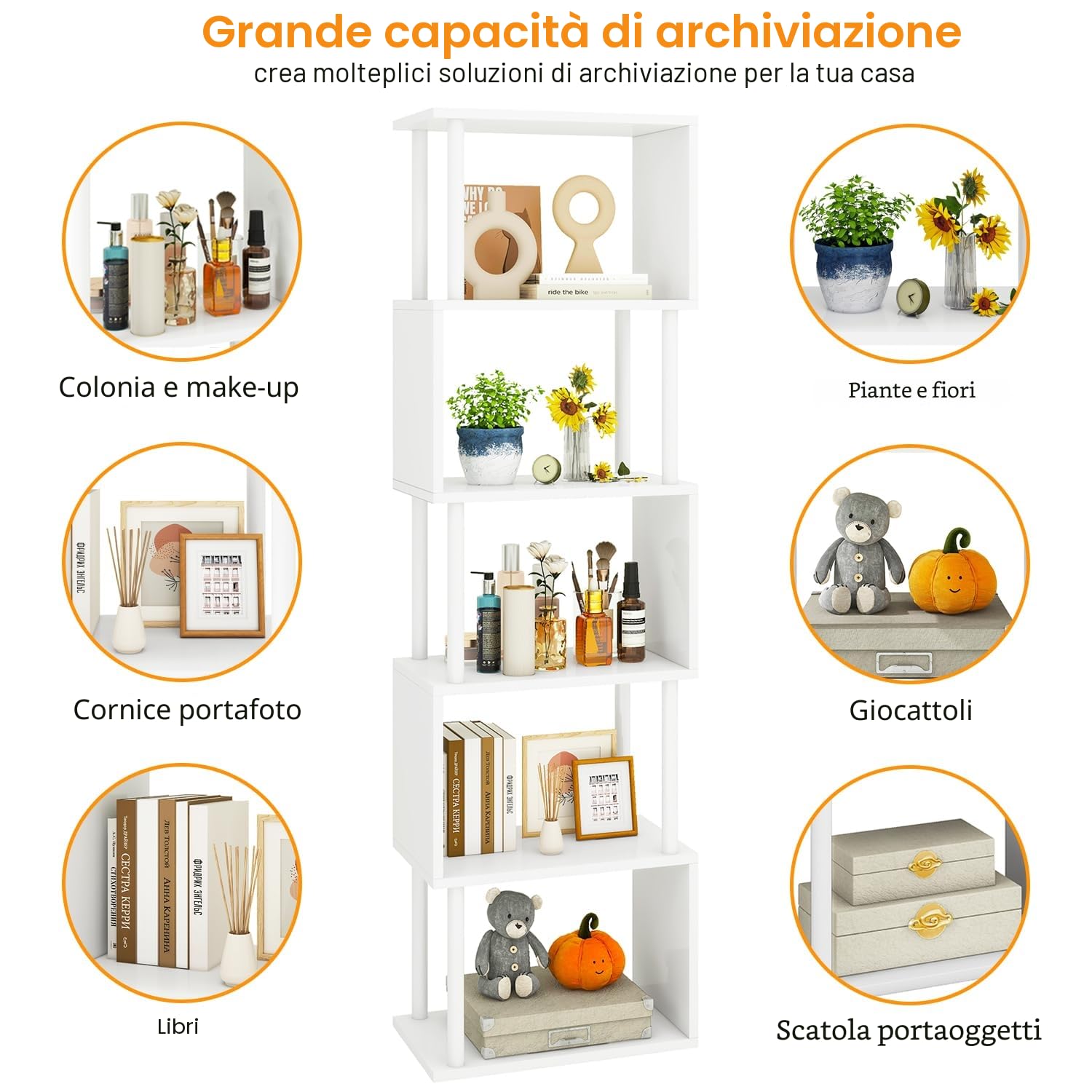 IBUYKE Libreria alta a 5/6 ripiani, libreria geometrica a forma di S, ripiani in legno con contenitore, libreria moderna per soggiorno, camera da letto, ufficio domestico, bianco WBC016W