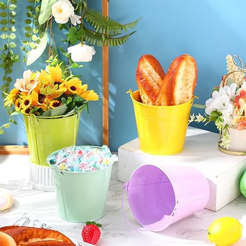 Miniatura 5 de Paquete de 24 cubos de metal de colores con asa, cubos pequeños galvanizados de metal para niños, manualidades, recuerdos de fiesta, centros de