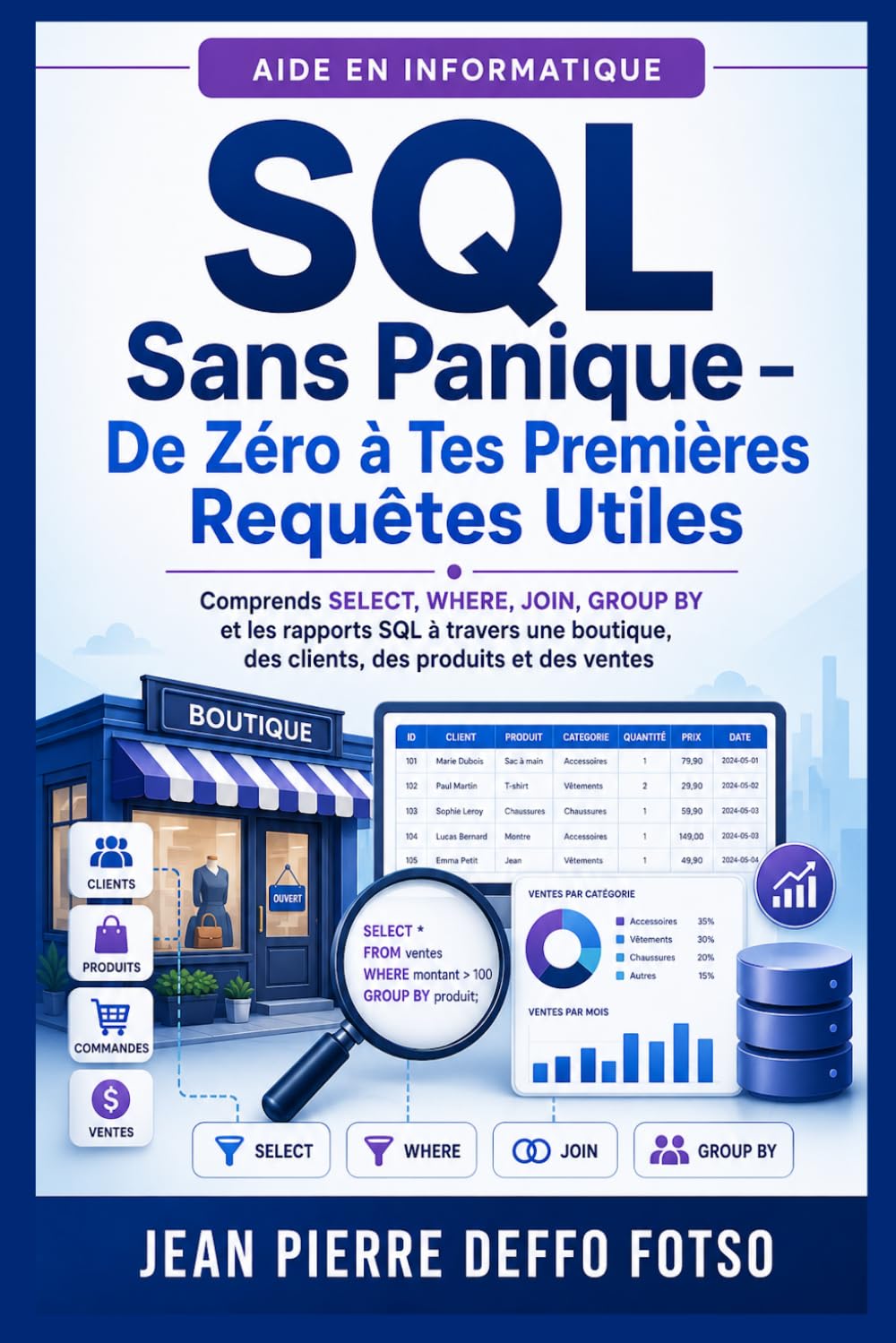 SQL Sans Panique – De Zéro à Tes Premières Requêtes Utiles: Comprends SELECT, WHERE, JOIN, GROUP BY et les rapports SQL à travers une boutique, des ... et des ventes (SQL & Bases de Données)