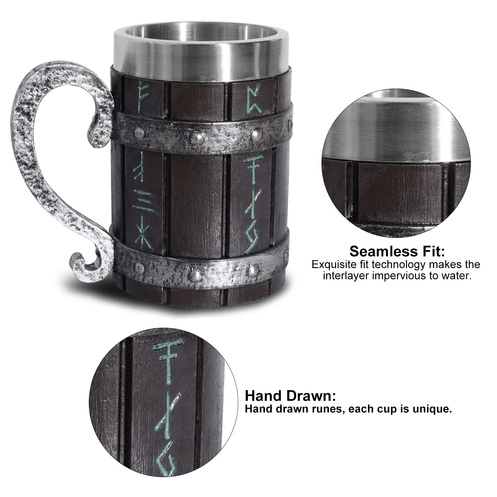 Nordic Viking Rune - Boccale da birra, in legno di quercia, misura grande, con acciaio inox, legno e resina, 3D, per uomini, regalo per la festa del papà, 550 ml