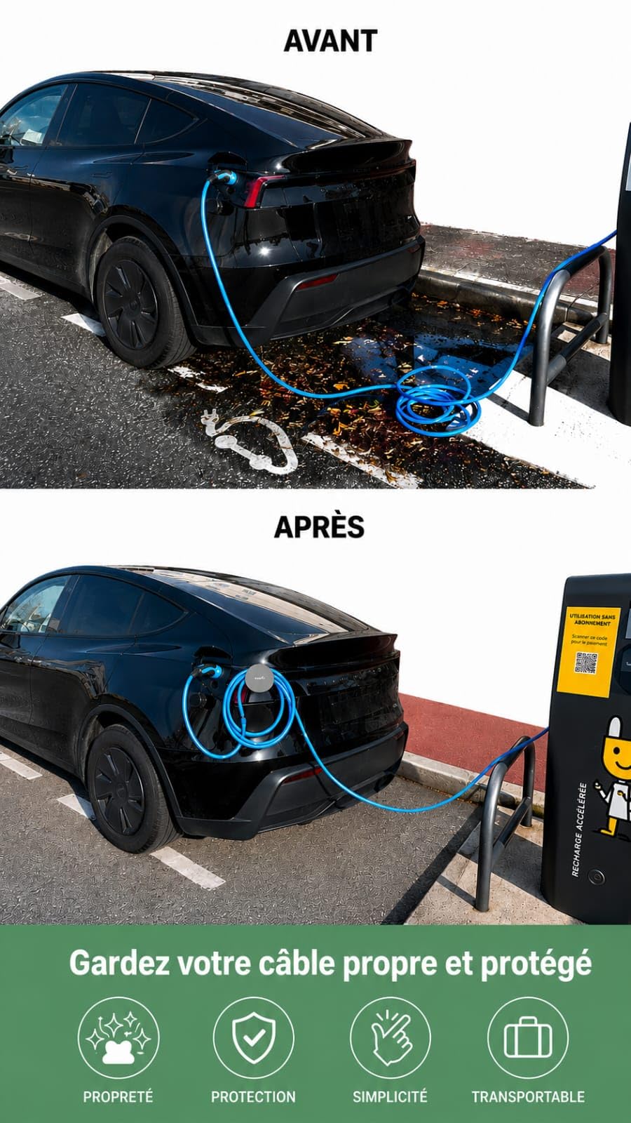 Soporte de cable de carga para coche eléctrico o híbrido | Protege y eleva el cable | Evita la suciedad y el desgaste | Compatible con todos los vehículos eléctricos o híbridos (Negro)