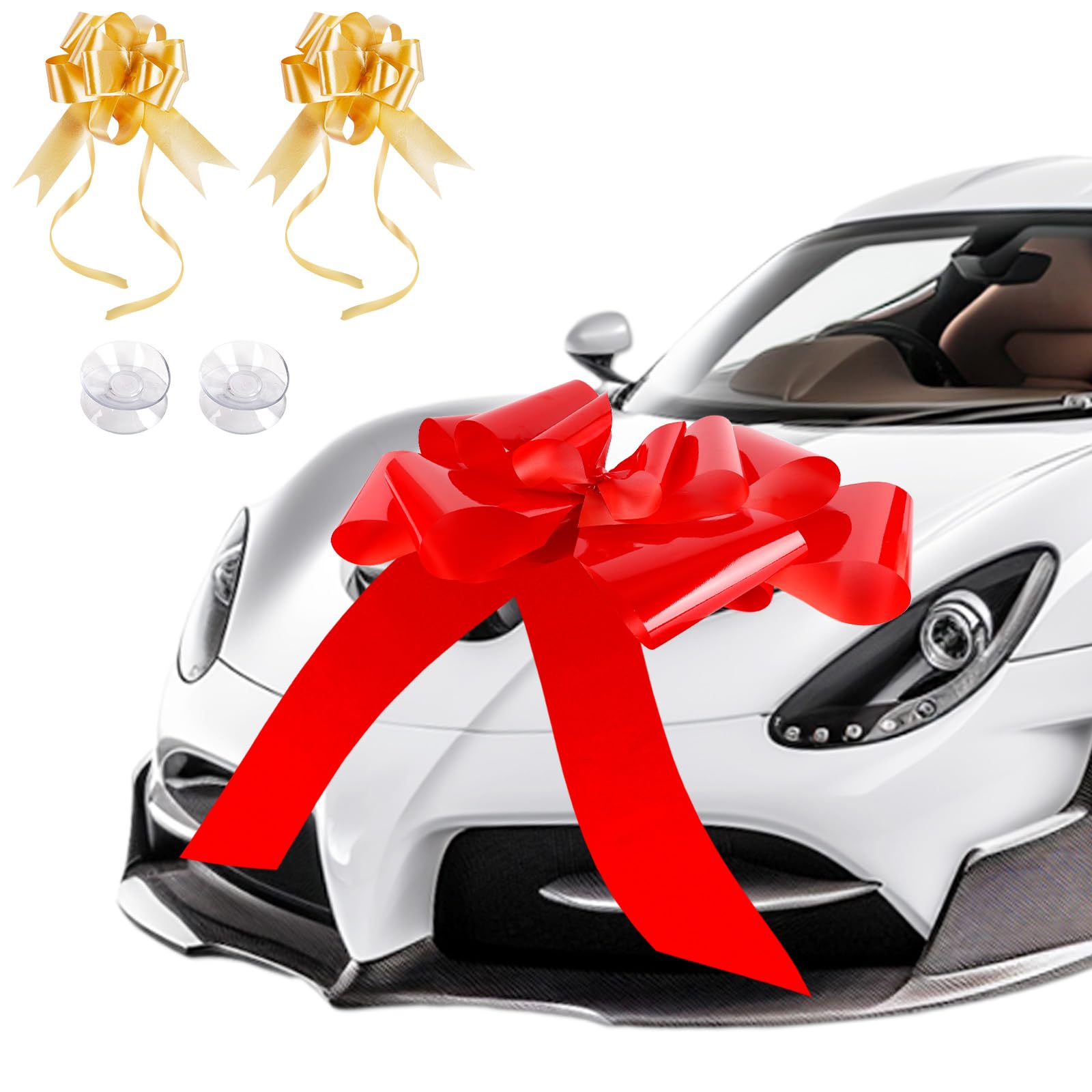 Lazo Grande para Regalo Coche 23 Inch Lazo Gigante Rojo para Decoracion Coche de Boda, Cumpleaños y Envoltorio de Regalo, Navidad y Fiesta, Nuevo Hogar + 2 Lazos de Cinta Dorado Pequeños y 2 Ventosas